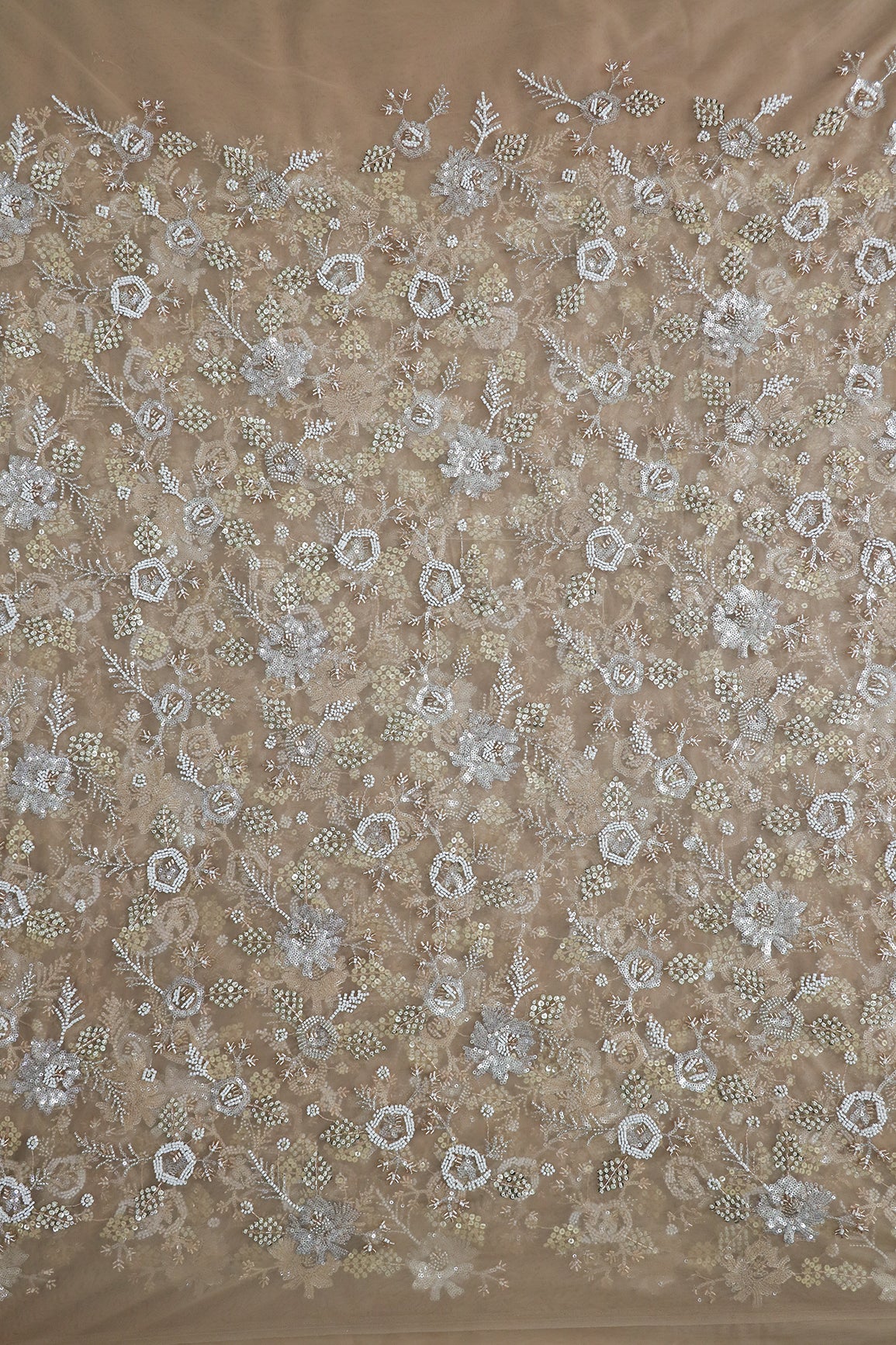 Original Multi Beads Work With Gold And Silver Sequins On Beige Soft Net Fabric