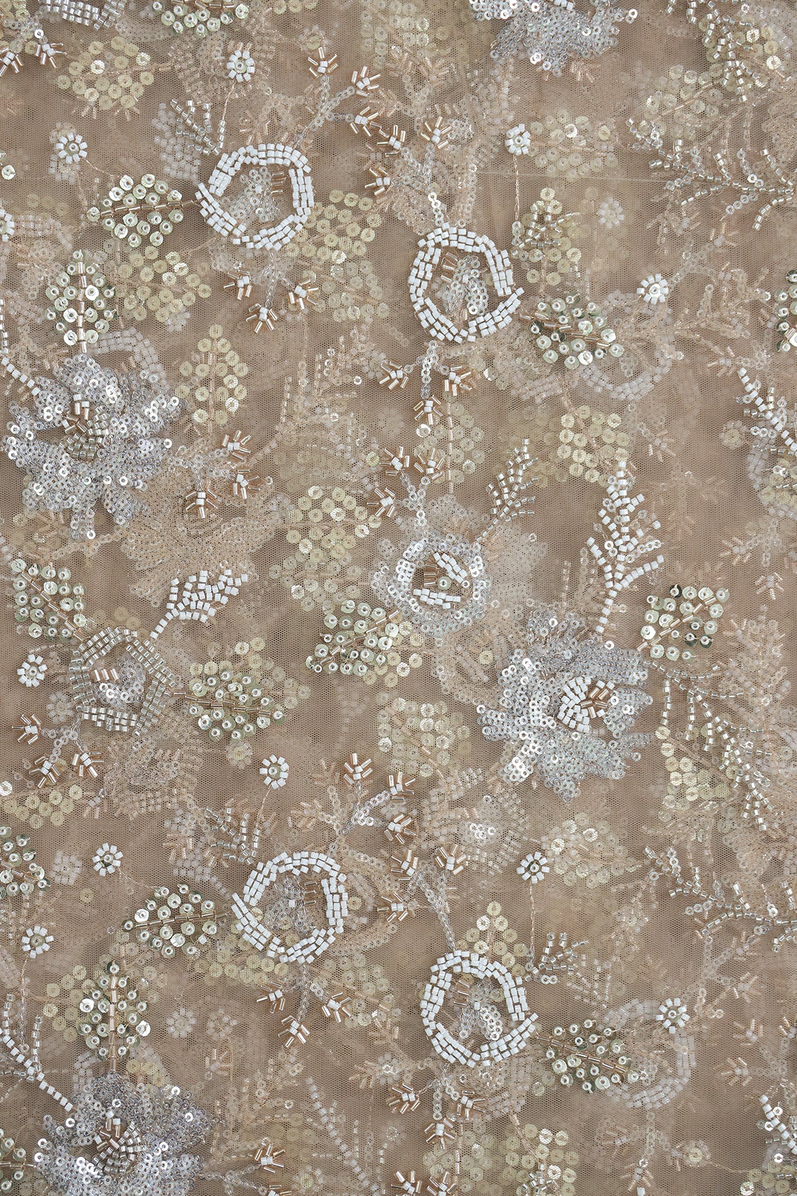 Original Multi Beads Work With Gold And Silver Sequins On Beige Soft Net Fabric