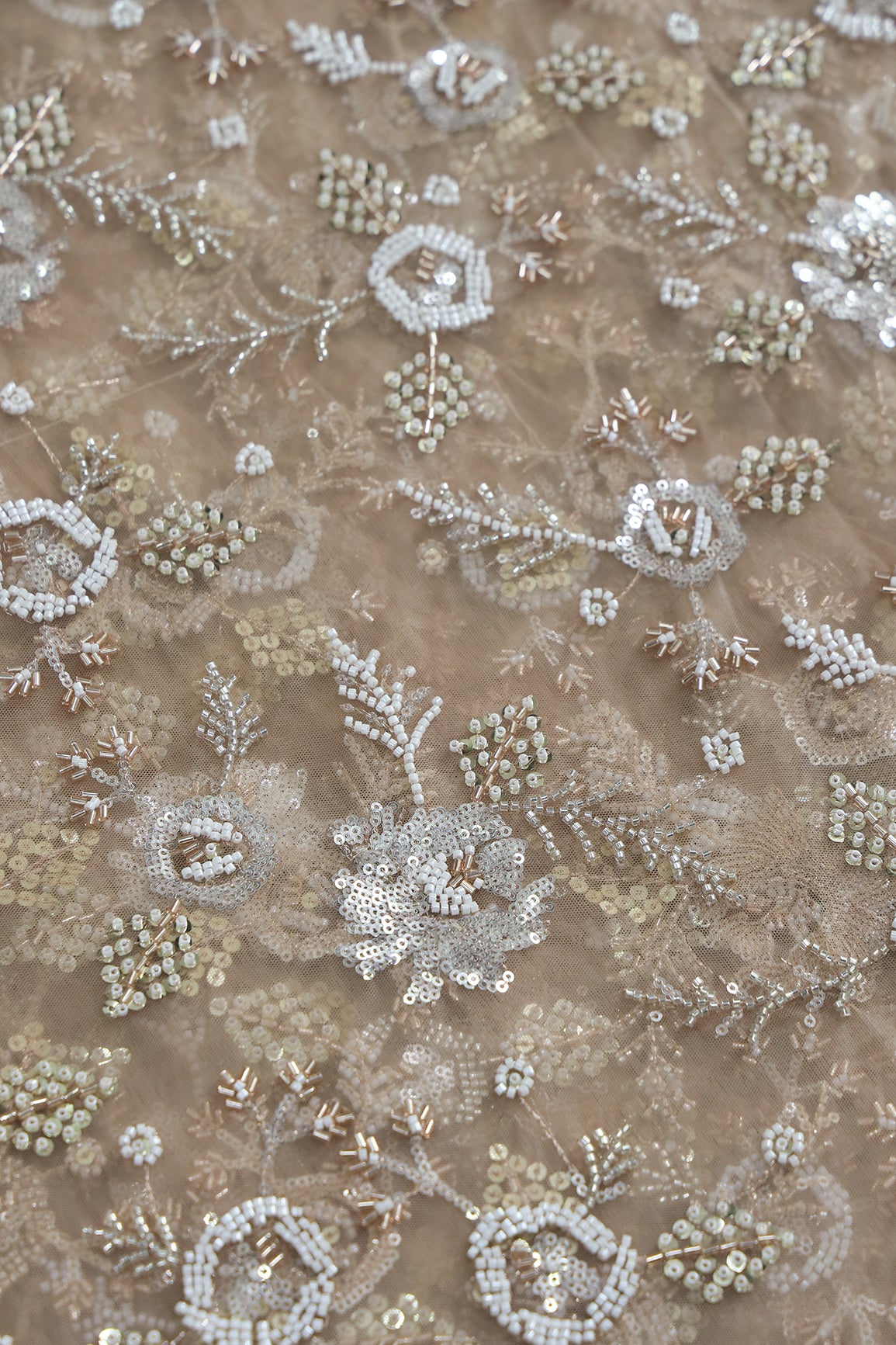 Original Multi Beads Work With Gold And Silver Sequins On Beige Soft Net Fabric