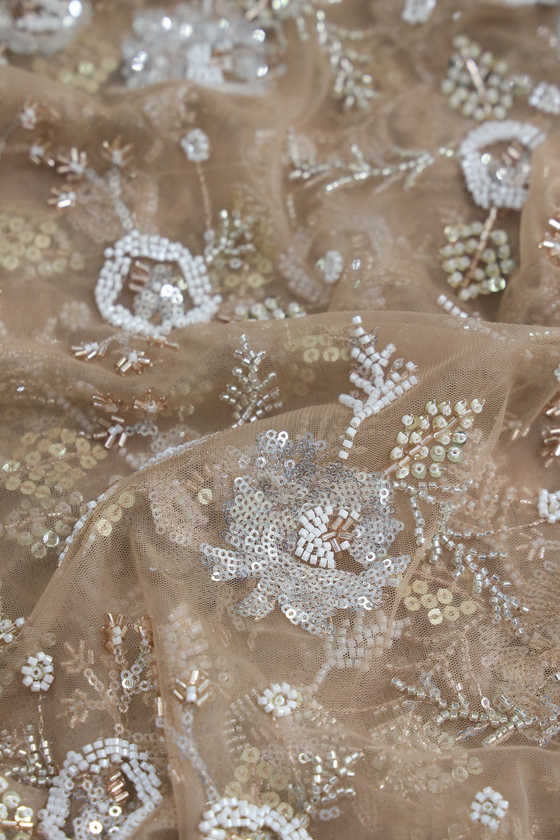 Original Multi Beads Work With Gold And Silver Sequins On Beige Soft Net Fabric