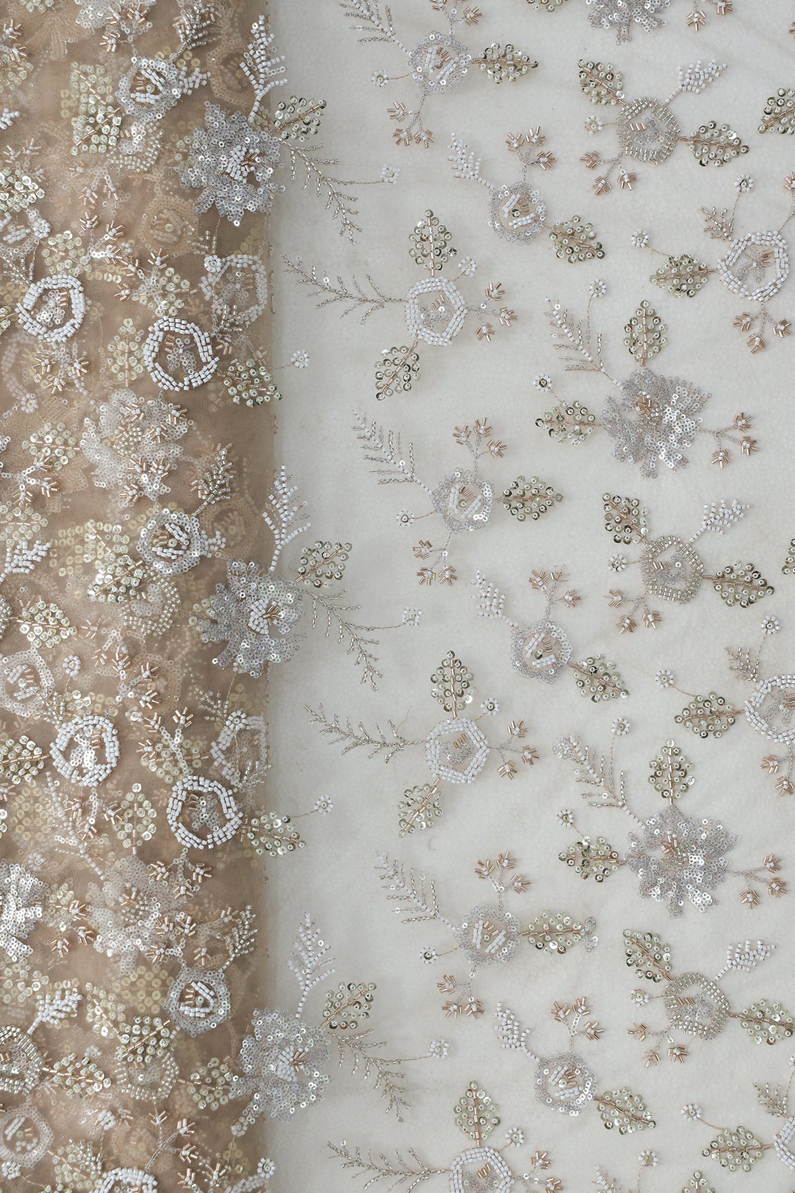 Original Multi Beads Work With Gold And Silver Sequins On Beige Soft Net Fabric