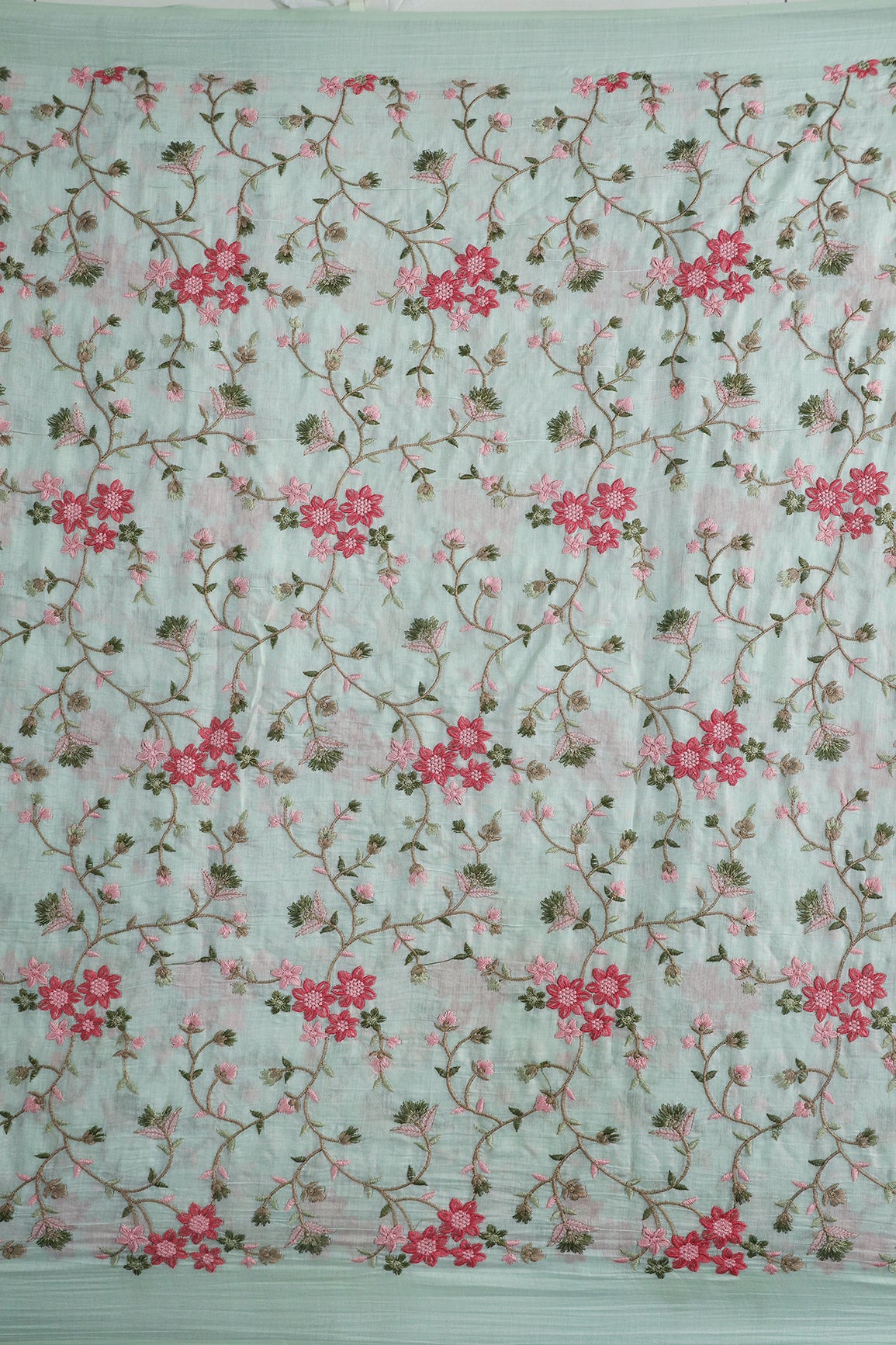 Beautiful Multi Thread Floral Embroidery Work On Sea Green Pure Mul Chanderi Silk Fabric