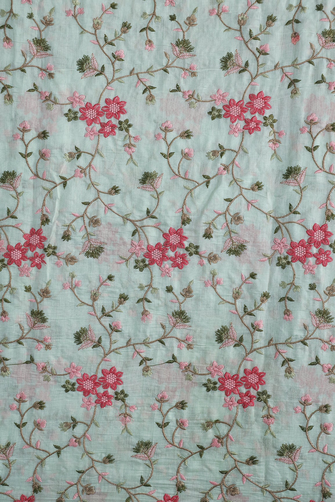 Beautiful Multi Thread Floral Embroidery Work On Sea Green Pure Mul Chanderi Silk Fabric