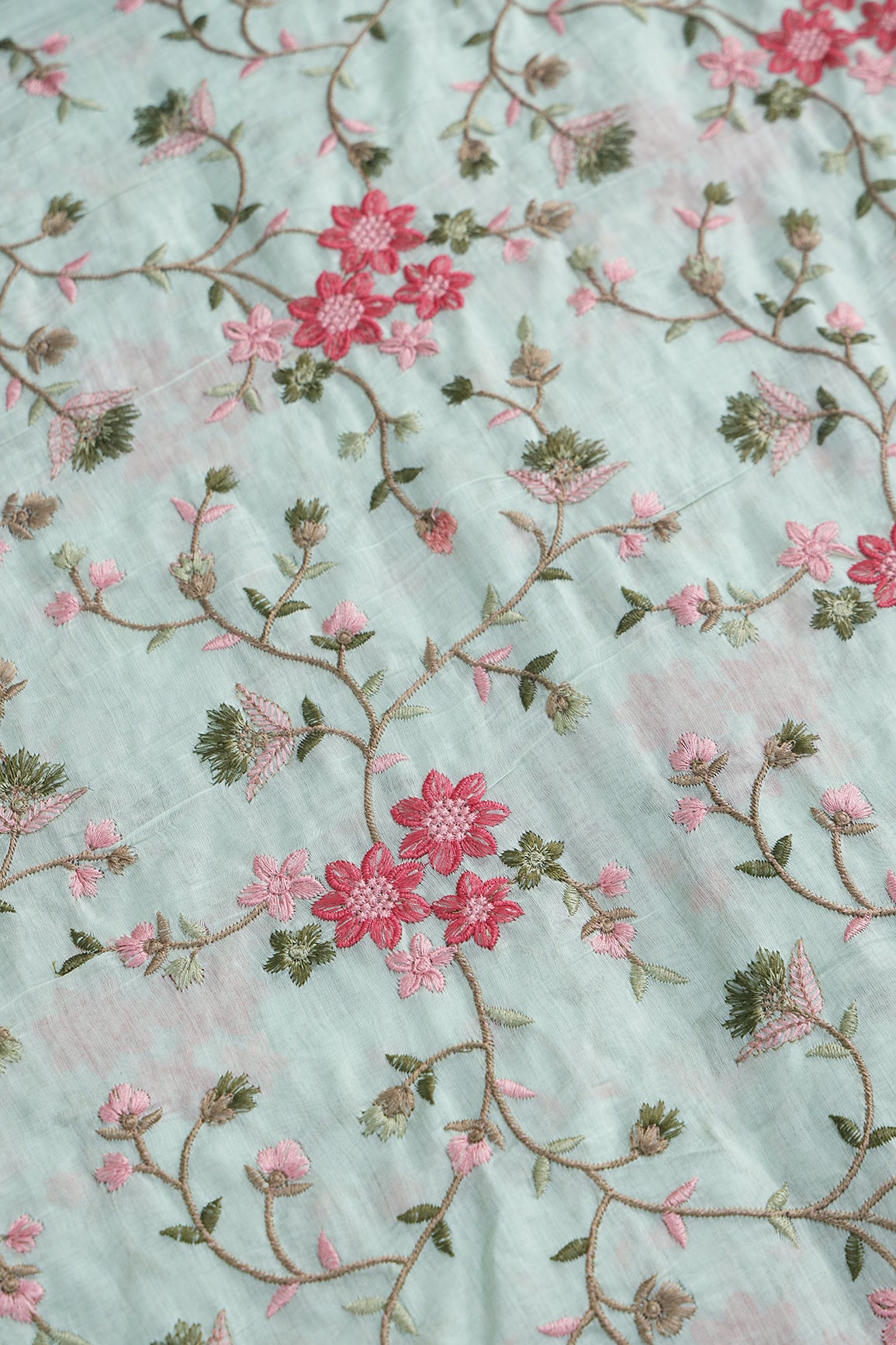 Beautiful Multi Thread Floral Embroidery Work On Sea Green Pure Mul Chanderi Silk Fabric