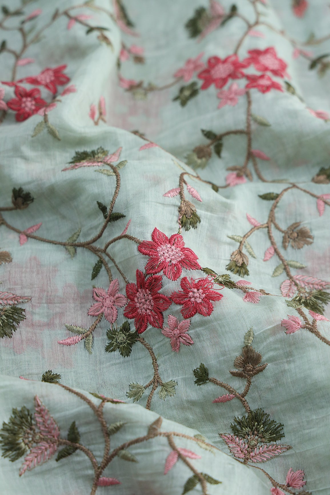 Beautiful Multi Thread Floral Embroidery Work On Sea Green Pure Mul Chanderi Silk Fabric
