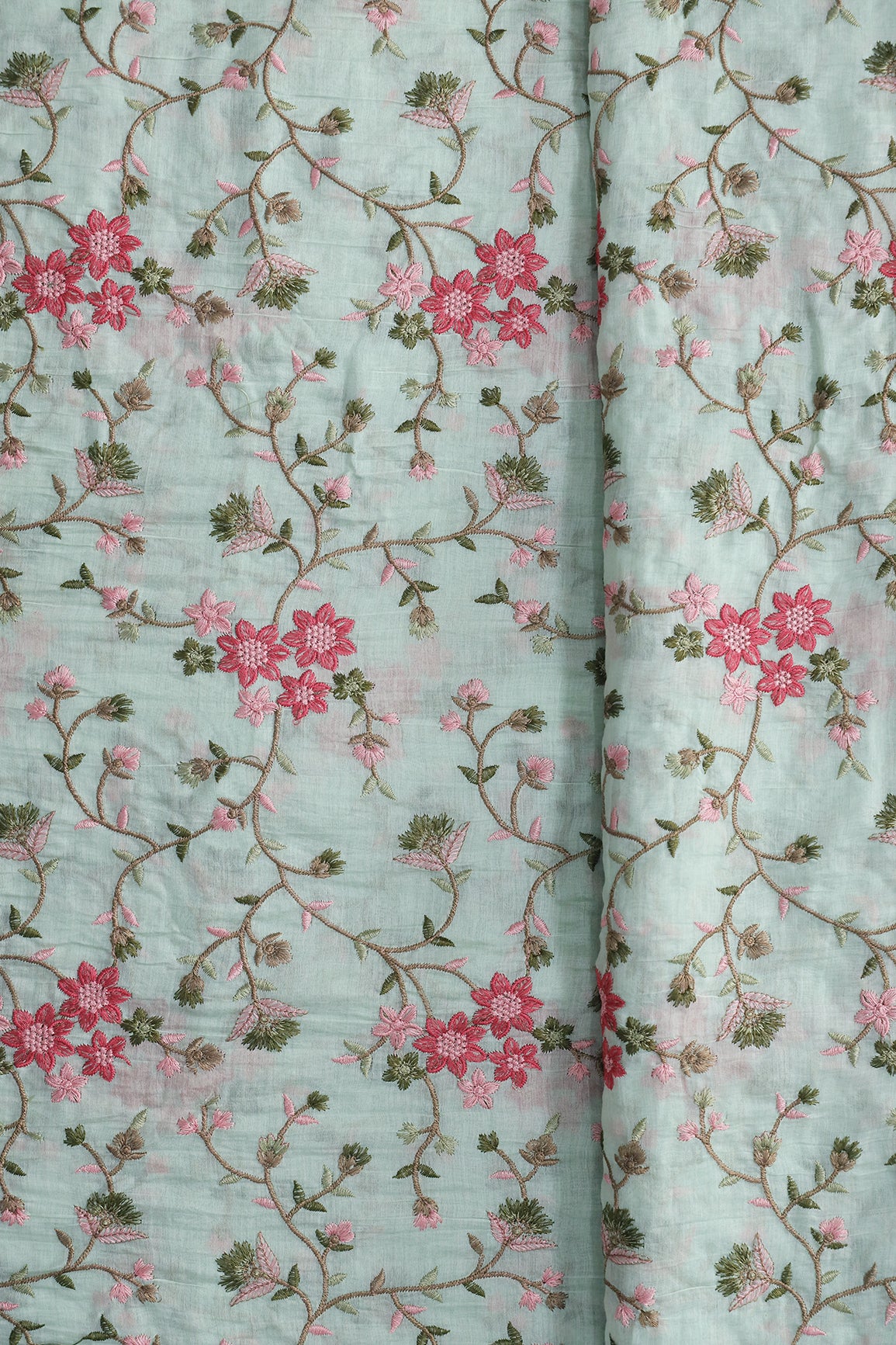 Beautiful Multi Thread Floral Embroidery Work On Sea Green Pure Mul Chanderi Silk Fabric