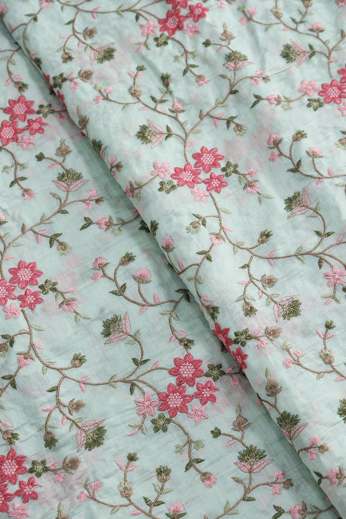 Beautiful Multi Thread Floral Embroidery Work On Sea Green Pure Mul Chanderi Silk Fabric