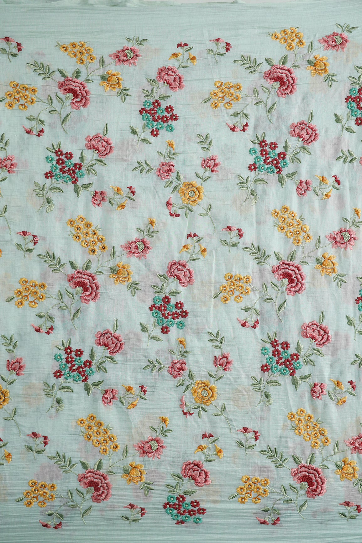 Beautiful Multi Thread Floral Embroidery Work On Sea Green Pure Mul Chanderi Silk Fabric