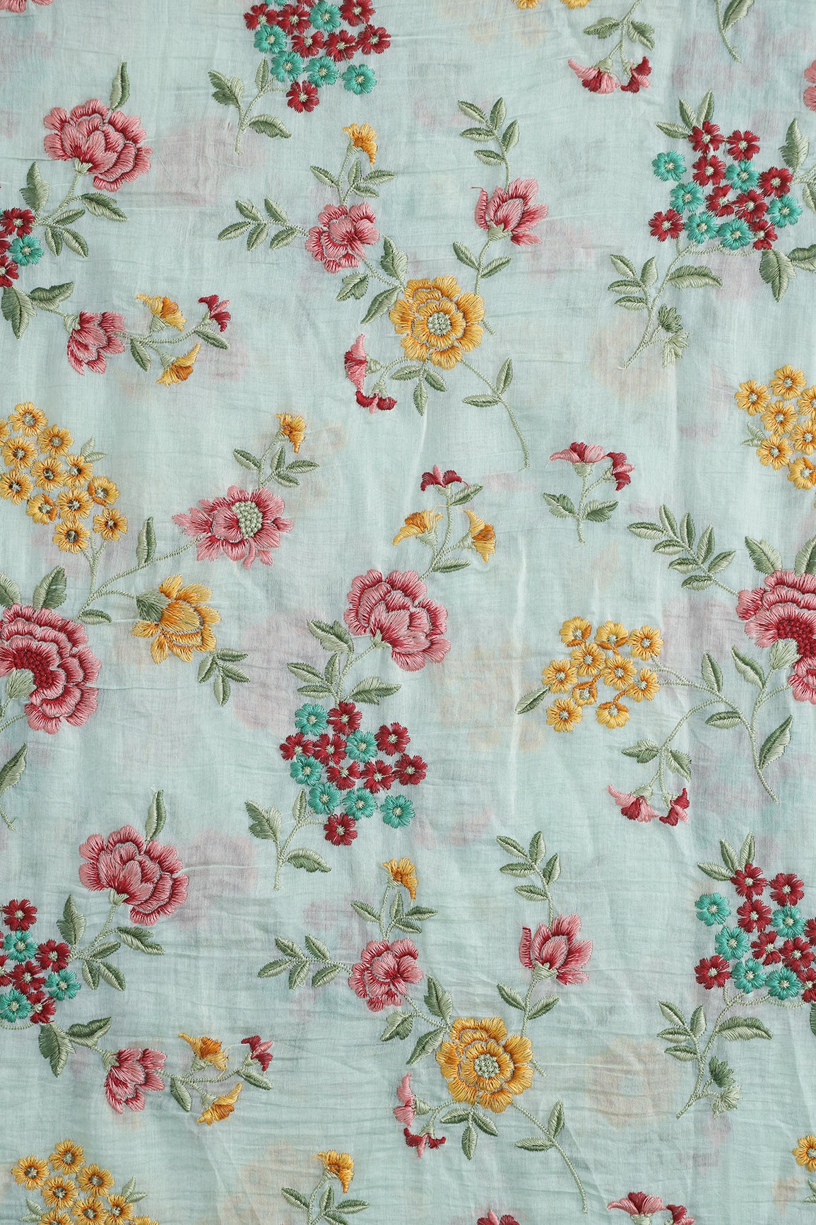 Beautiful Multi Thread Floral Embroidery Work On Sea Green Pure Mul Chanderi Silk Fabric