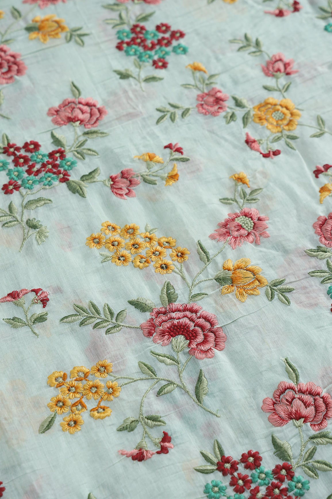 Beautiful Multi Thread Floral Embroidery Work On Sea Green Pure Mul Chanderi Silk Fabric
