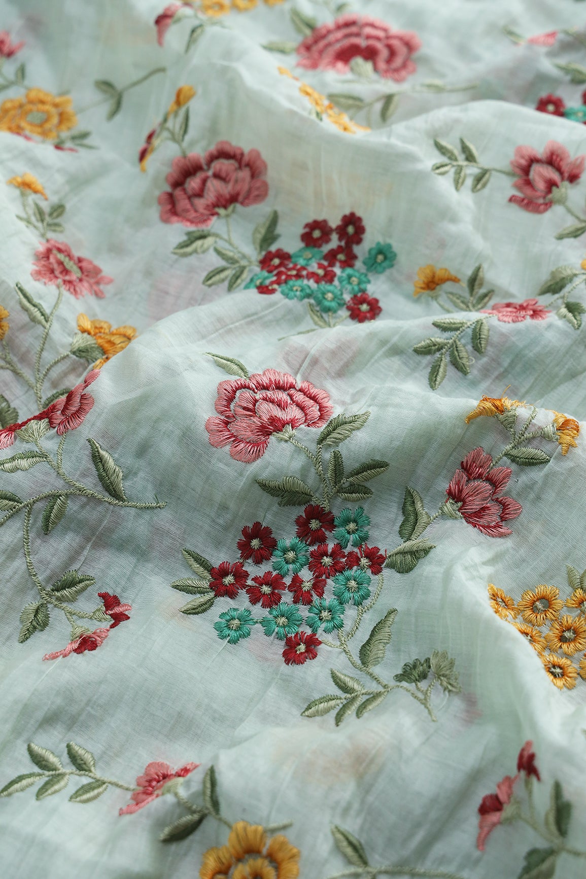 Beautiful Multi Thread Floral Embroidery Work On Sea Green Pure Mul Chanderi Silk Fabric