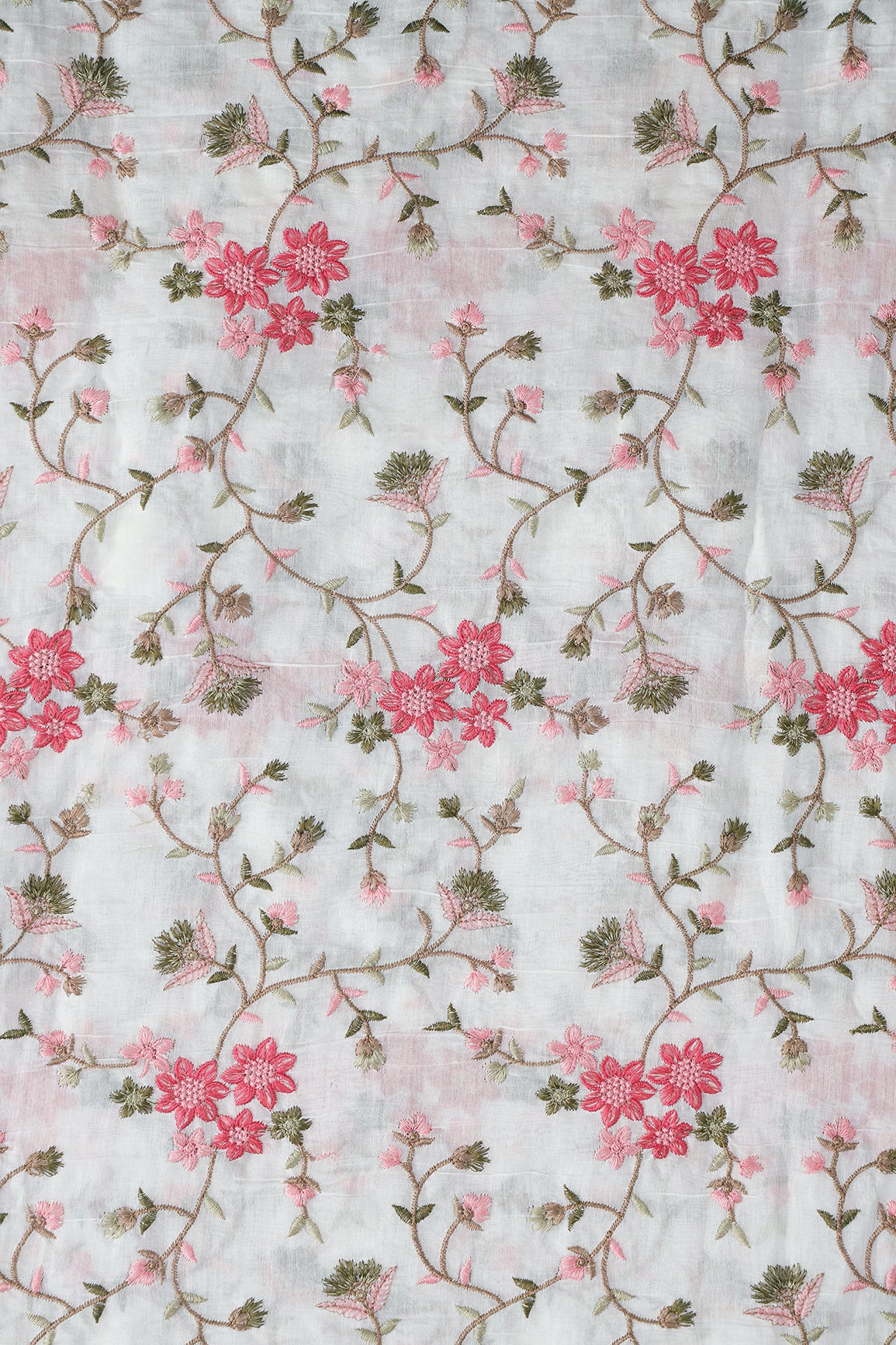 Beautiful Multi Thread Floral Embroidery Work On Off White Pure Mul Chanderi Silk Fabric