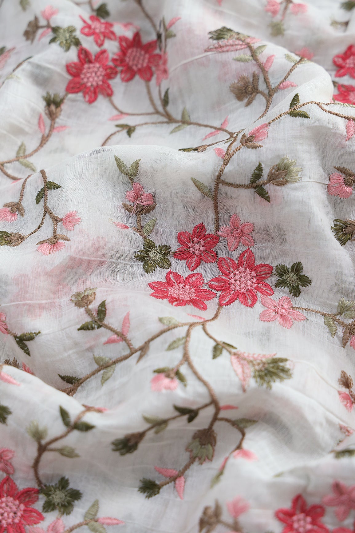 Beautiful Multi Thread Floral Embroidery Work On Off White Pure Mul Chanderi Silk Fabric