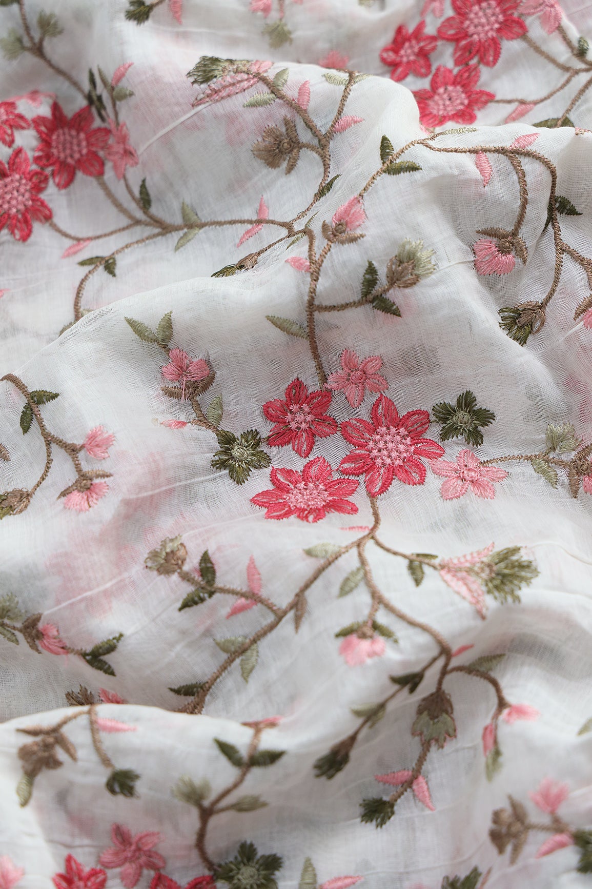 Beautiful Multi Thread Floral Embroidery Work On Off White Pure Mul Chanderi Silk Fabric