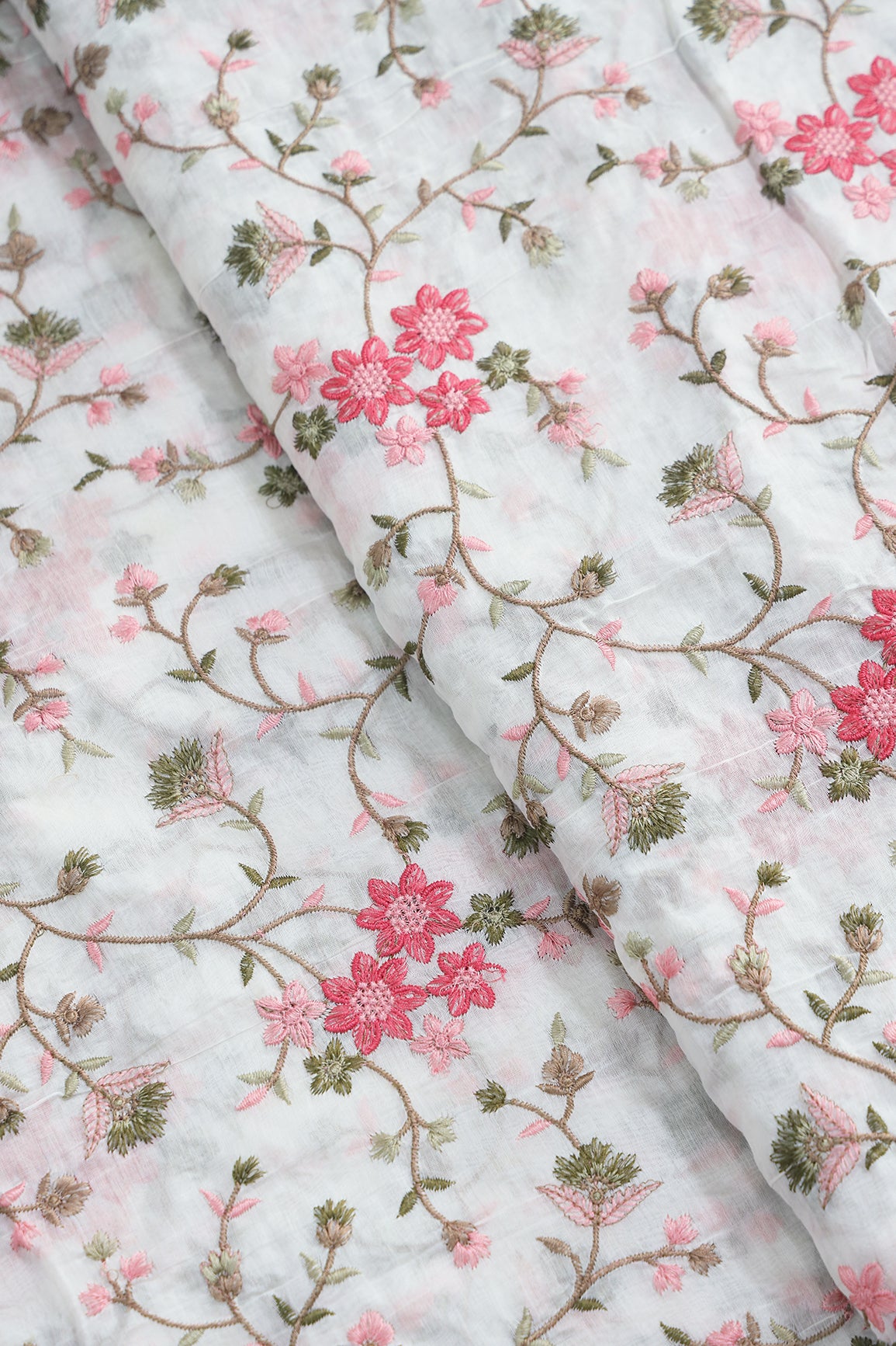 Beautiful Multi Thread Floral Embroidery Work On Off White Pure Mul Chanderi Silk Fabric