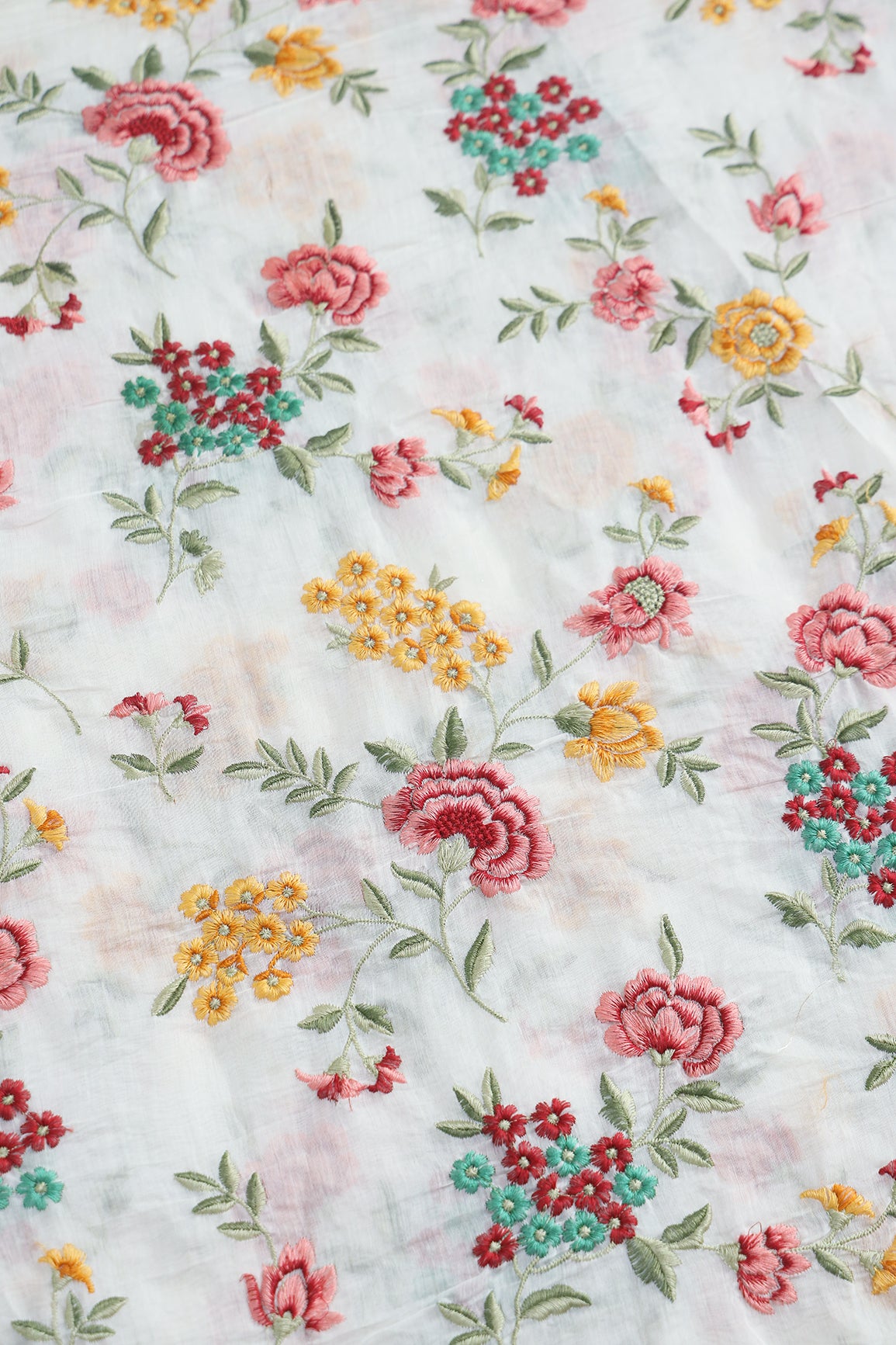 Beautiful Multi Thread Floral Embroidery Work On Off White Pure Mul Chanderi Silk Fabric