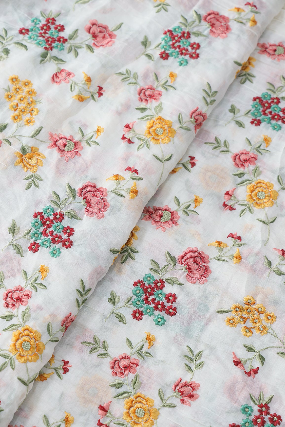 Beautiful Multi Thread Floral Embroidery Work On Off White Pure Mul Chanderi Silk Fabric