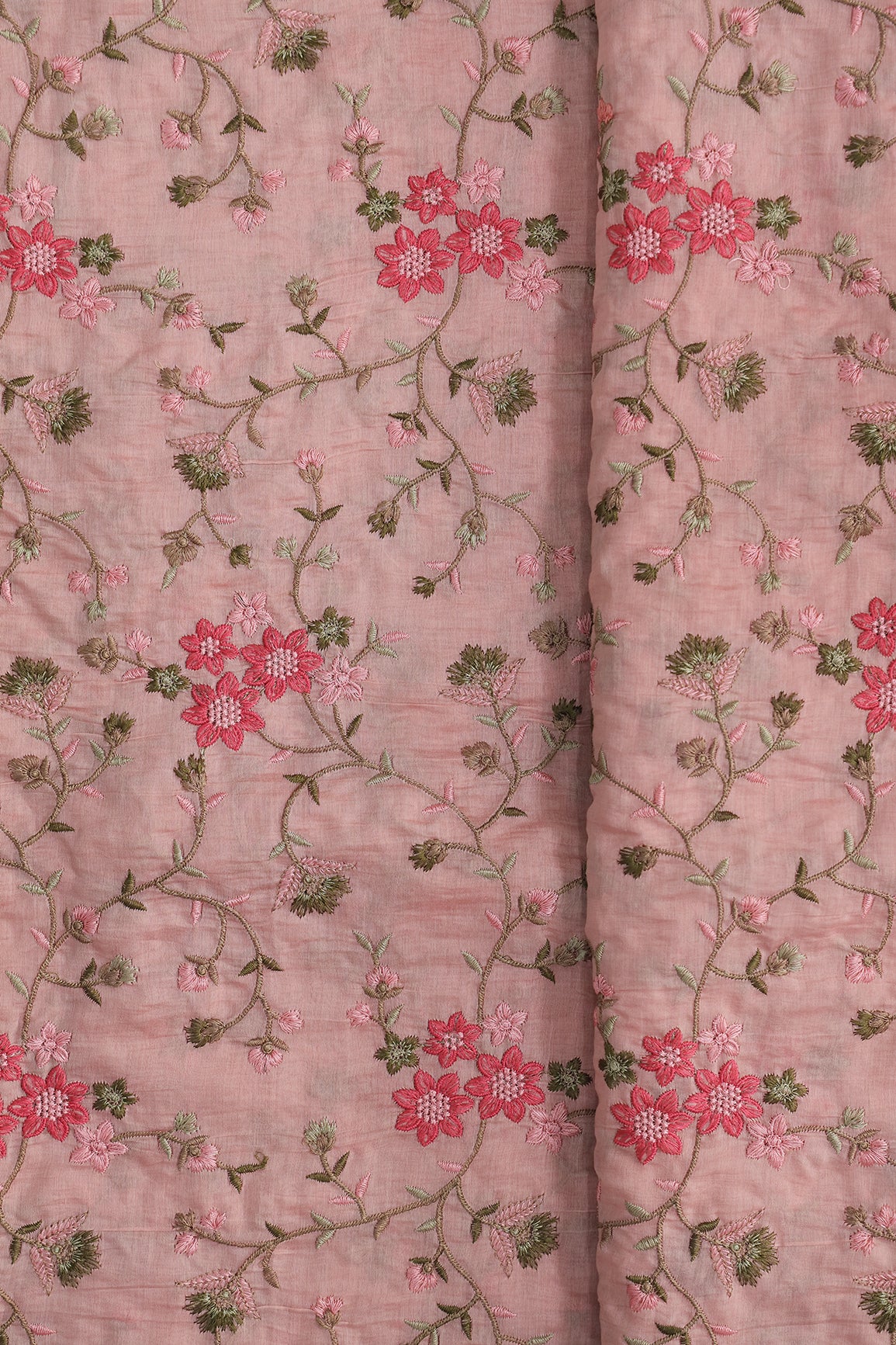 Beautiful Multi Thread Floral Embroidery Work On Gajri Pure Mul Chanderi Silk Fabric