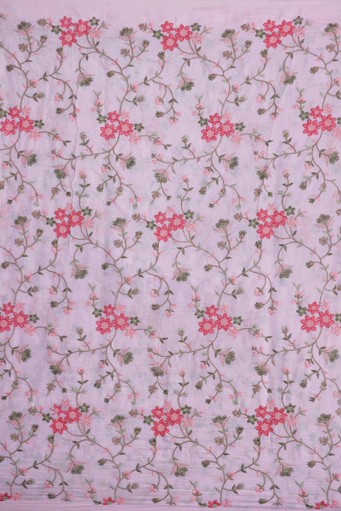 Beautiful Multi Thread Floral Embroidery Work On Pink Pure Mul Chanderi Silk Fabric
