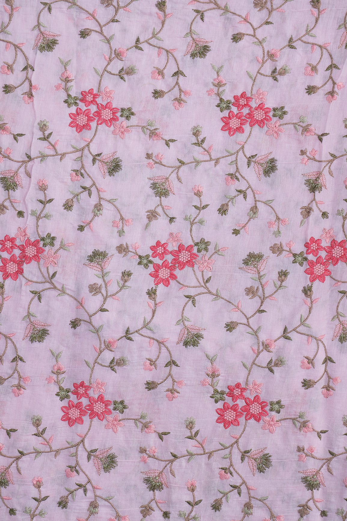 Beautiful Multi Thread Floral Embroidery Work On Pink Pure Mul Chanderi Silk Fabric