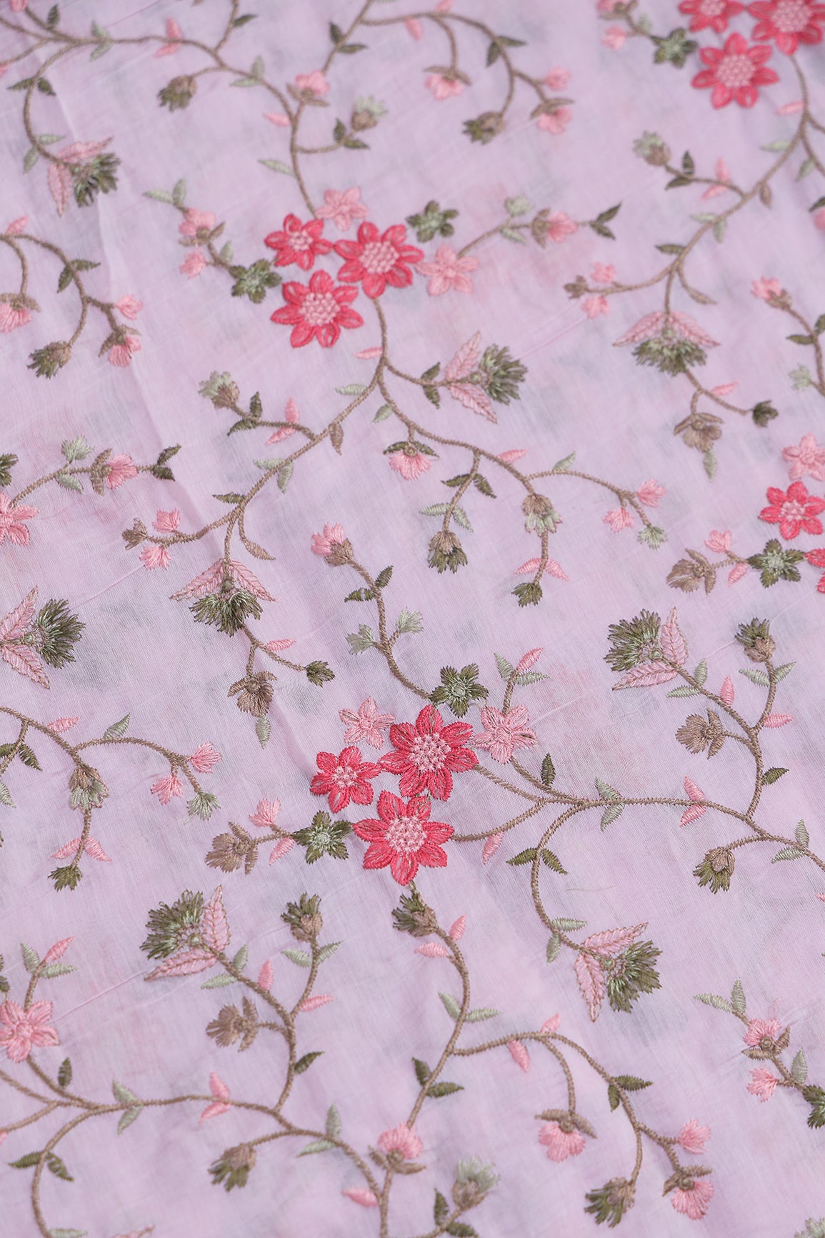 Beautiful Multi Thread Floral Embroidery Work On Pink Pure Mul Chanderi Silk Fabric