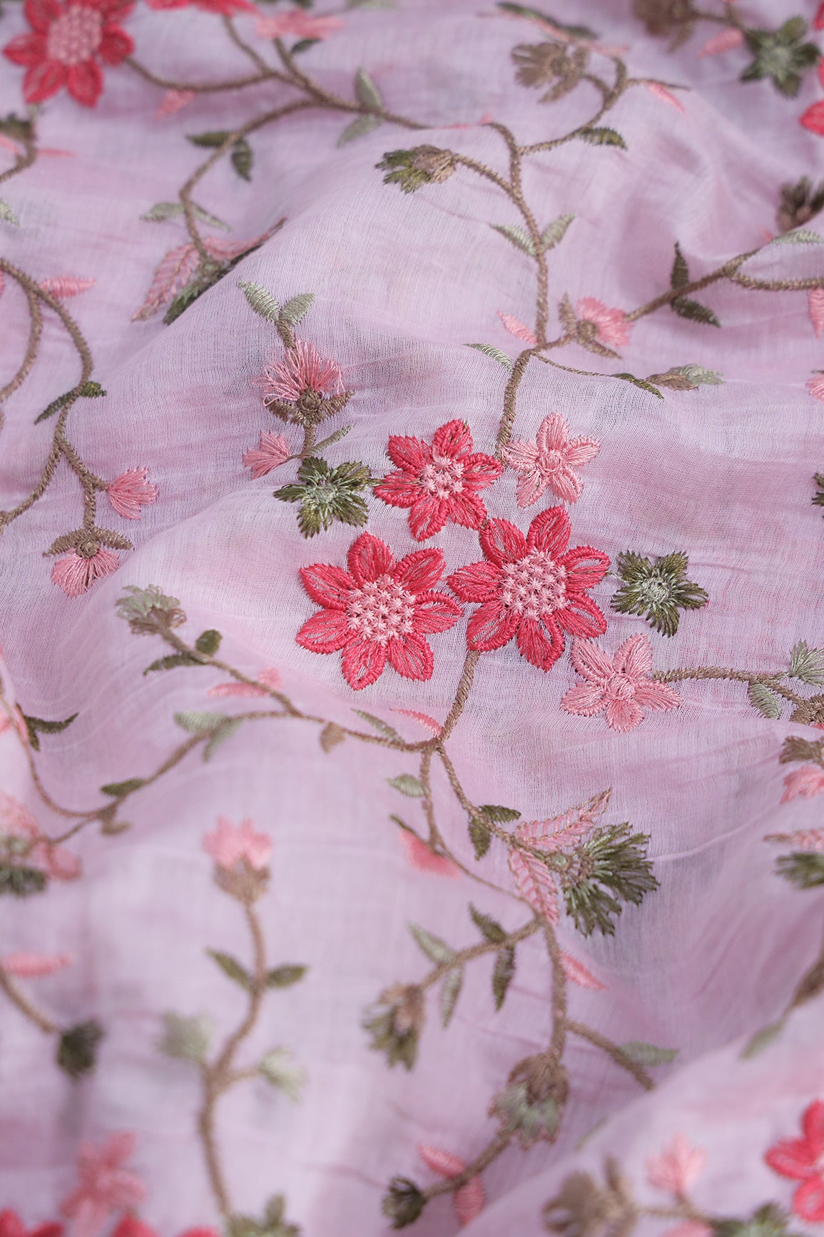 Beautiful Multi Thread Floral Embroidery Work On Pink Pure Mul Chanderi Silk Fabric