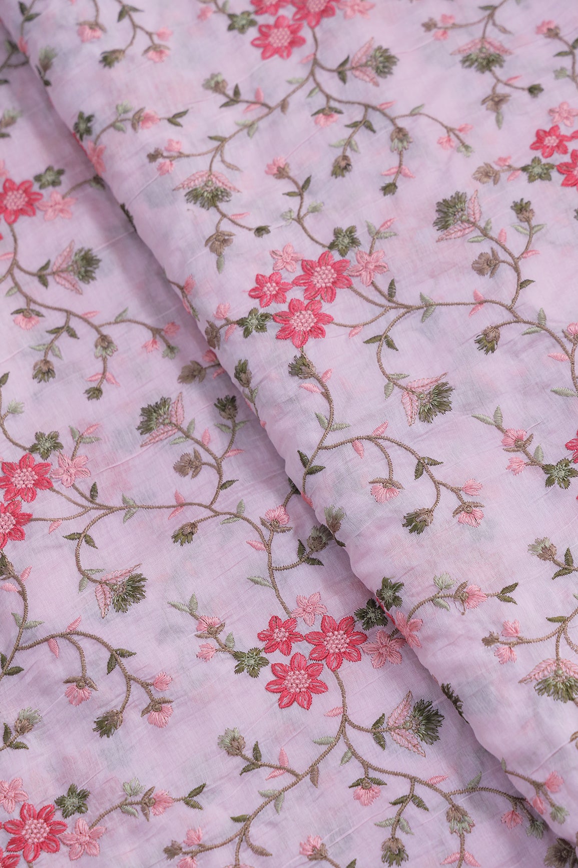 Beautiful Multi Thread Floral Embroidery Work On Pink Pure Mul Chanderi Silk Fabric