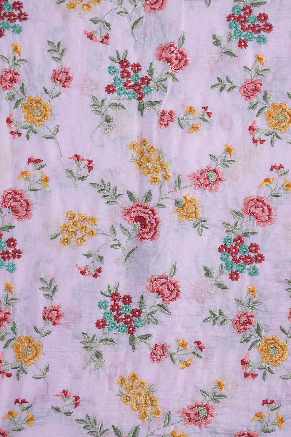 Beautiful Multi Thread Floral Embroidery Work On Pink Pure Mul Chanderi Silk Fabric