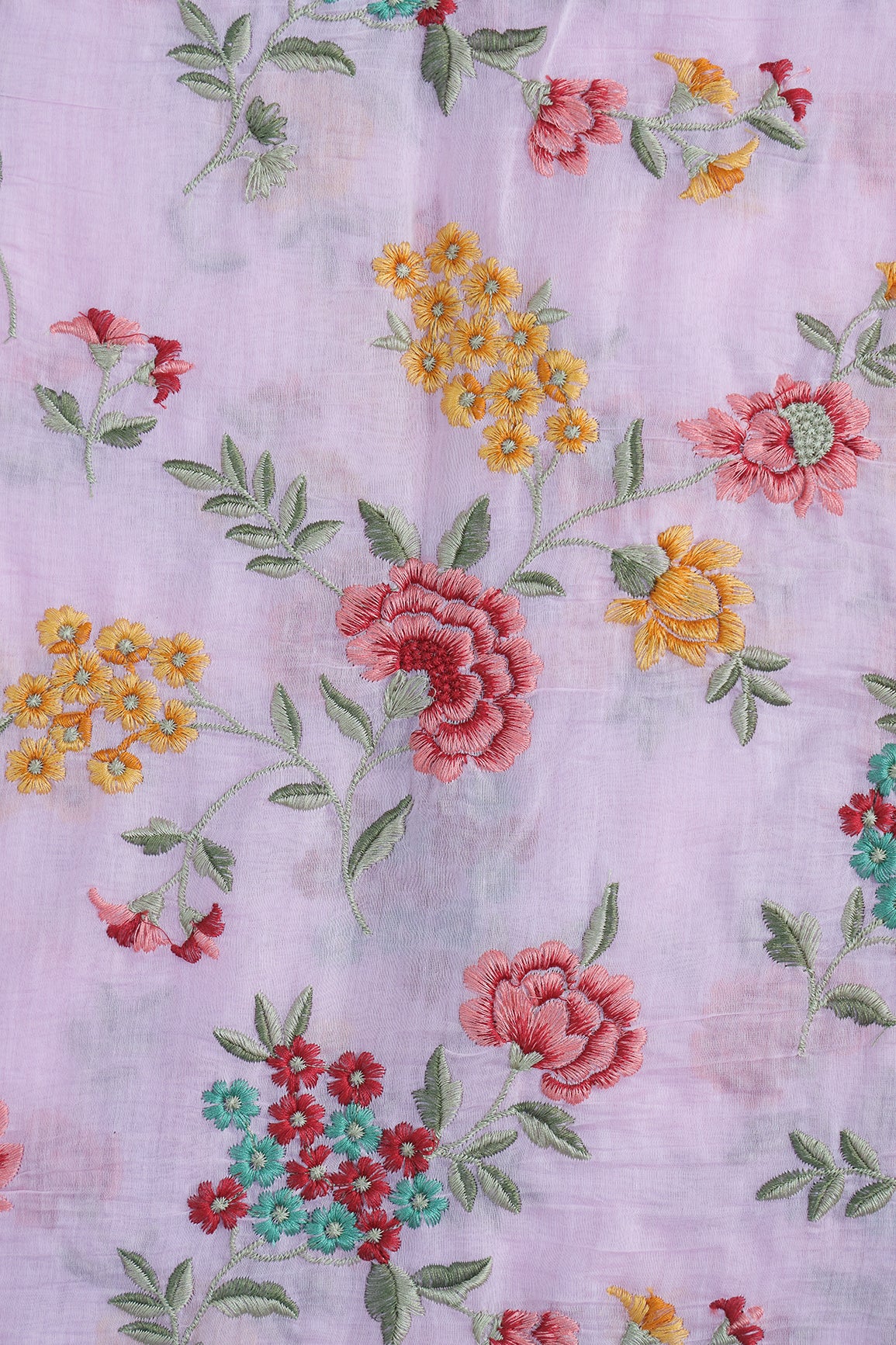 Beautiful Multi Thread Floral Embroidery Work On Pink Pure Mul Chanderi Silk Fabric