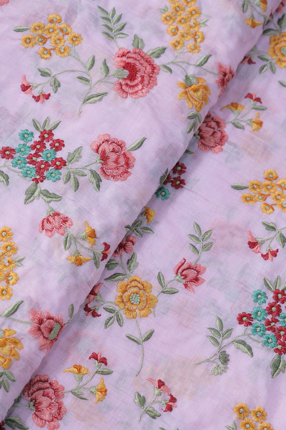 Beautiful Multi Thread Floral Embroidery Work On Pink Pure Mul Chanderi Silk Fabric