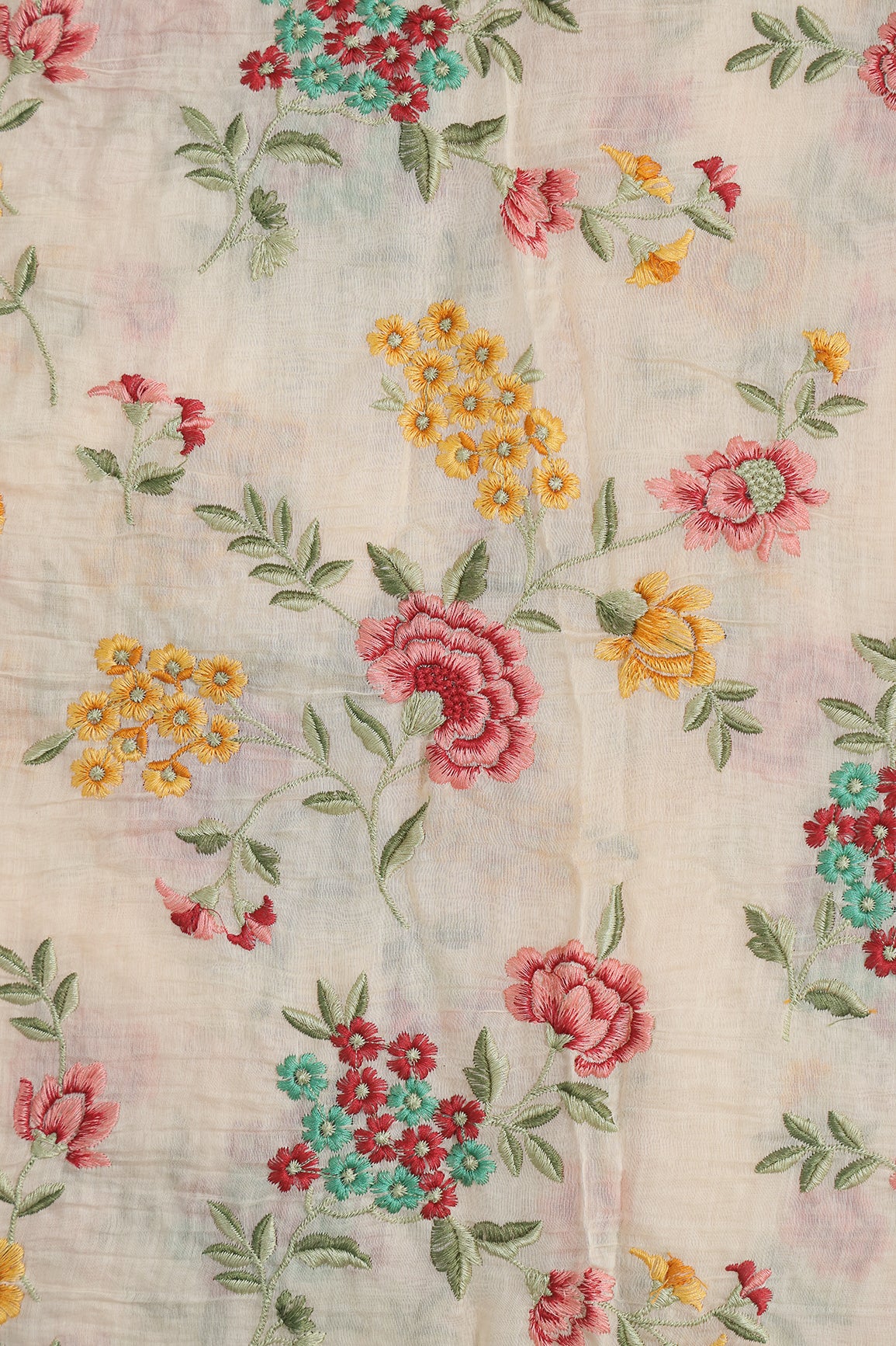 Beautiful Multi Thread Floral Embroidery Work On Peach Pure Mul Chanderi Silk Fabric