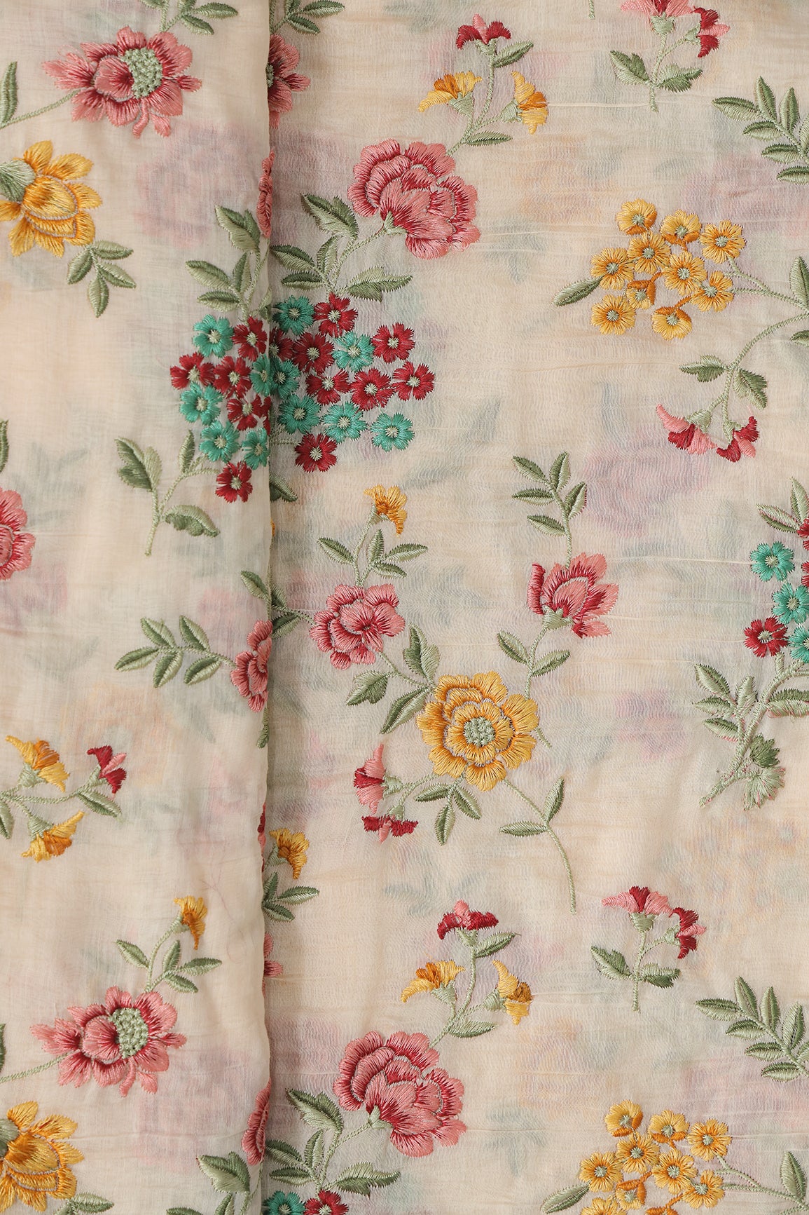 Beautiful Multi Thread Floral Embroidery Work On Peach Pure Mul Chanderi Silk Fabric