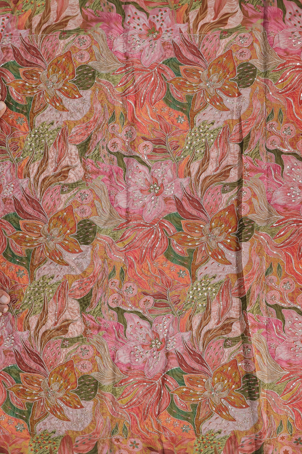 Flowy Embroidery With Zari And Sequins Floral Positional Print On Gajri Red Pure Crepe Fabric