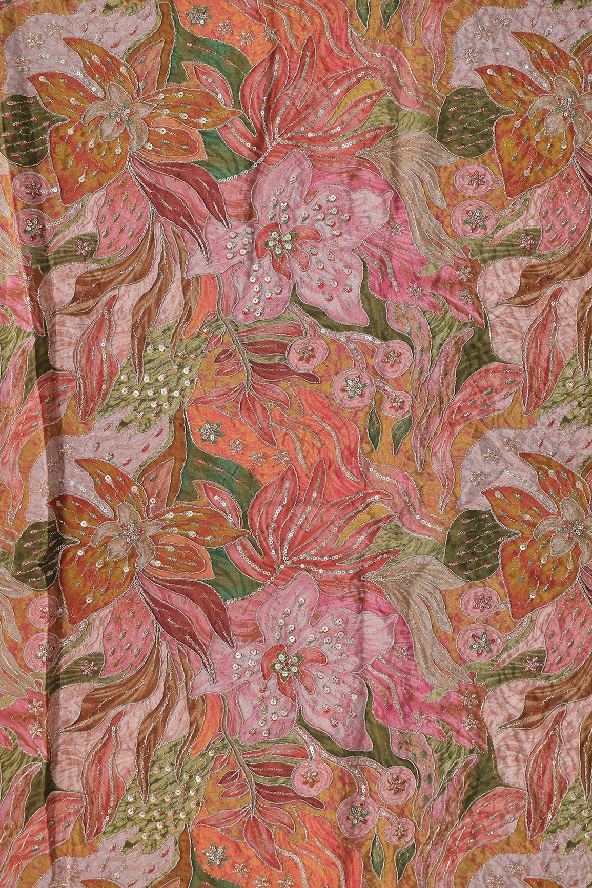 Flowy Embroidery With Zari And Sequins Floral Positional Print On Gajri Red Pure Crepe Fabric