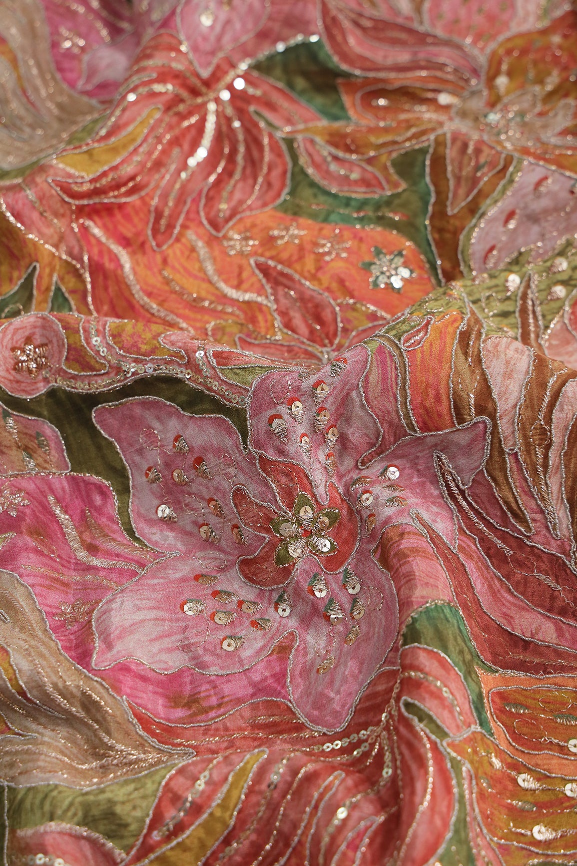 Flowy Embroidery With Zari And Sequins Floral Positional Print On Gajri Red Pure Crepe Fabric