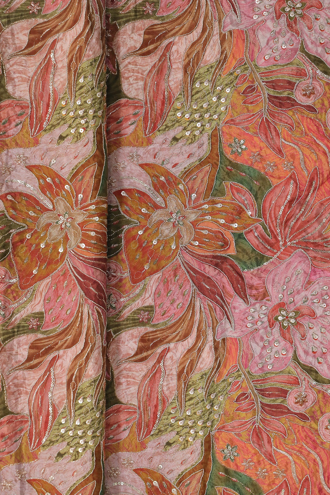 Flowy Embroidery With Zari And Sequins Floral Positional Print On Gajri Red Pure Crepe Fabric