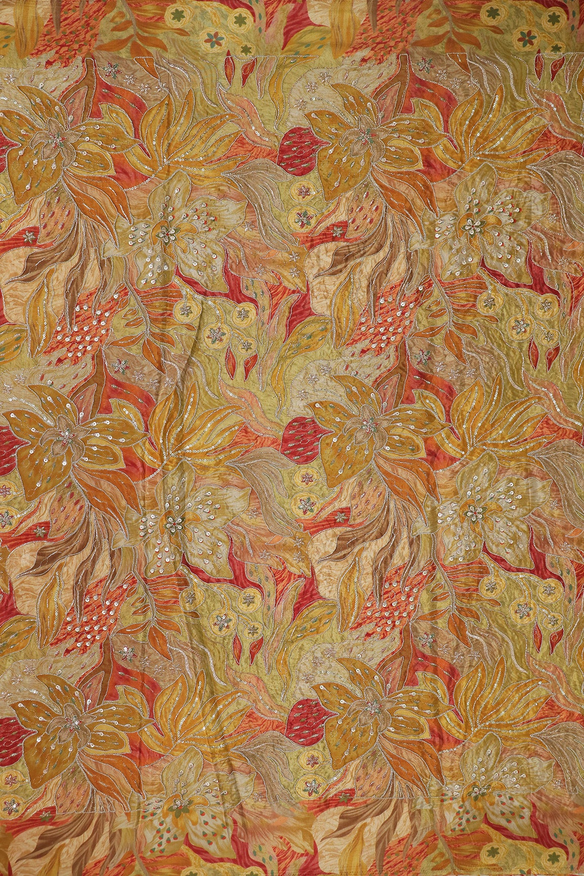 Flowy Embroidery With Zari And Sequins Floral Positional Print On Mustard Yellow Pure Crepe Fabric