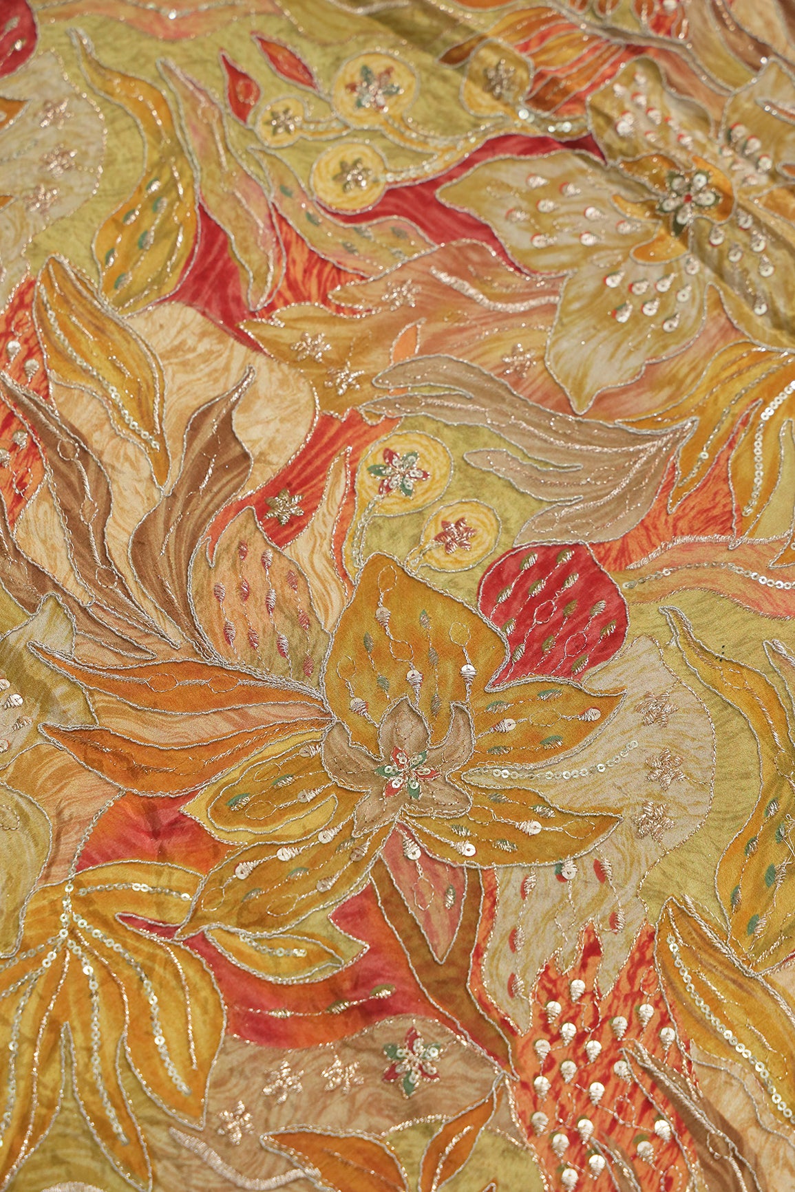 Flowy Embroidery With Zari And Sequins Floral Positional Print On Mustard Yellow Pure Crepe Fabric