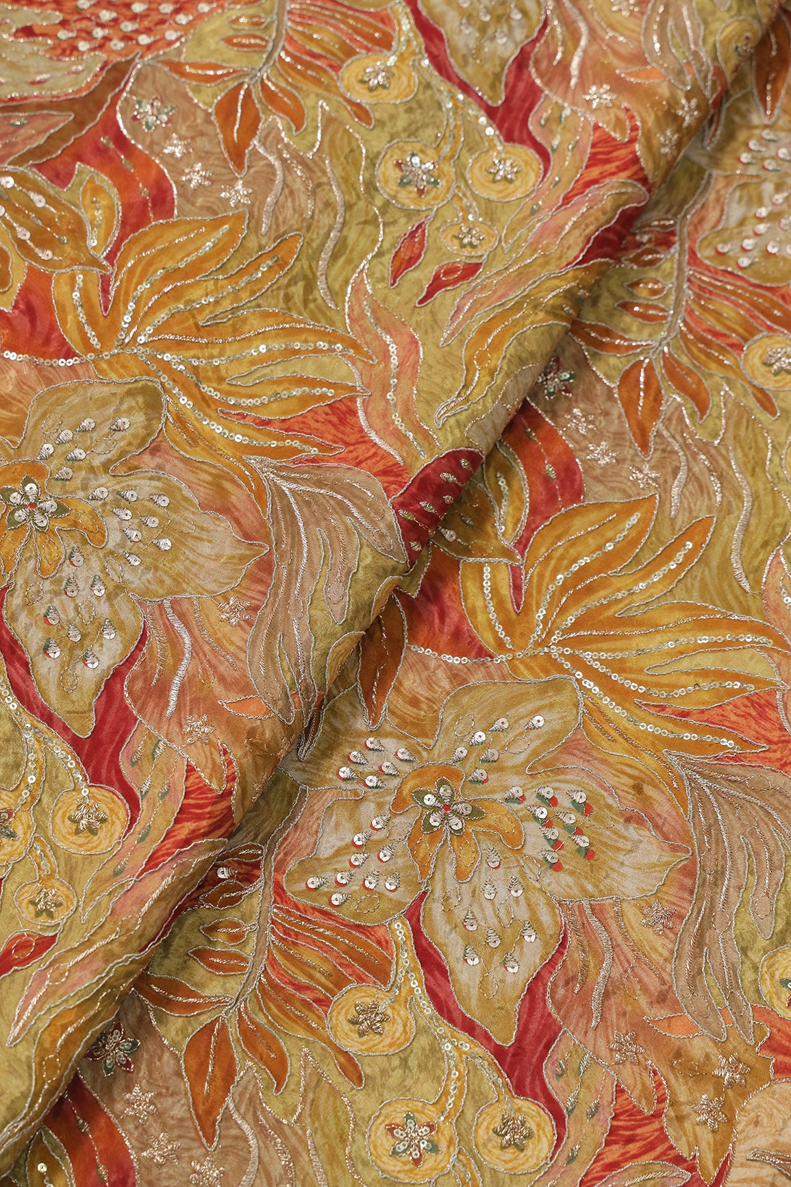 Flowy Embroidery With Zari And Sequins Floral Positional Print On Mustard Yellow Pure Crepe Fabric