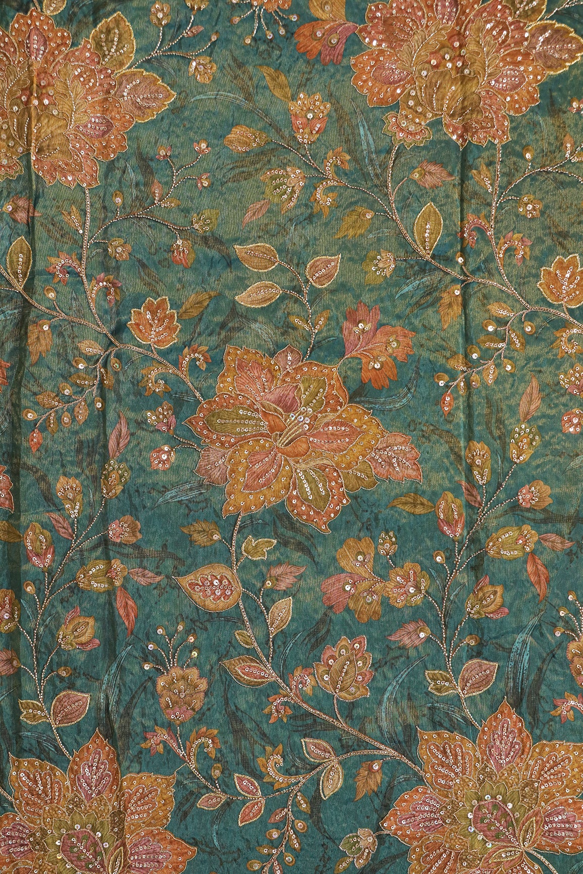 Big Width Floral Positional Print With Beads, Sequins and Zari Embroidery Work On Rama Viscose Zari Tissue Fabric
