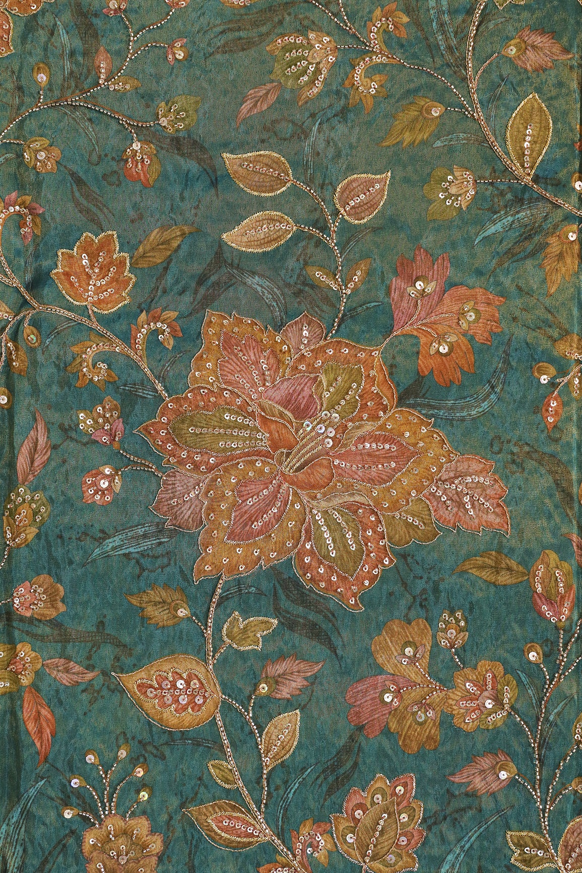 Big Width Floral Positional Print With Beads, Sequins and Zari Embroidery Work On Rama Viscose Zari Tissue Fabric