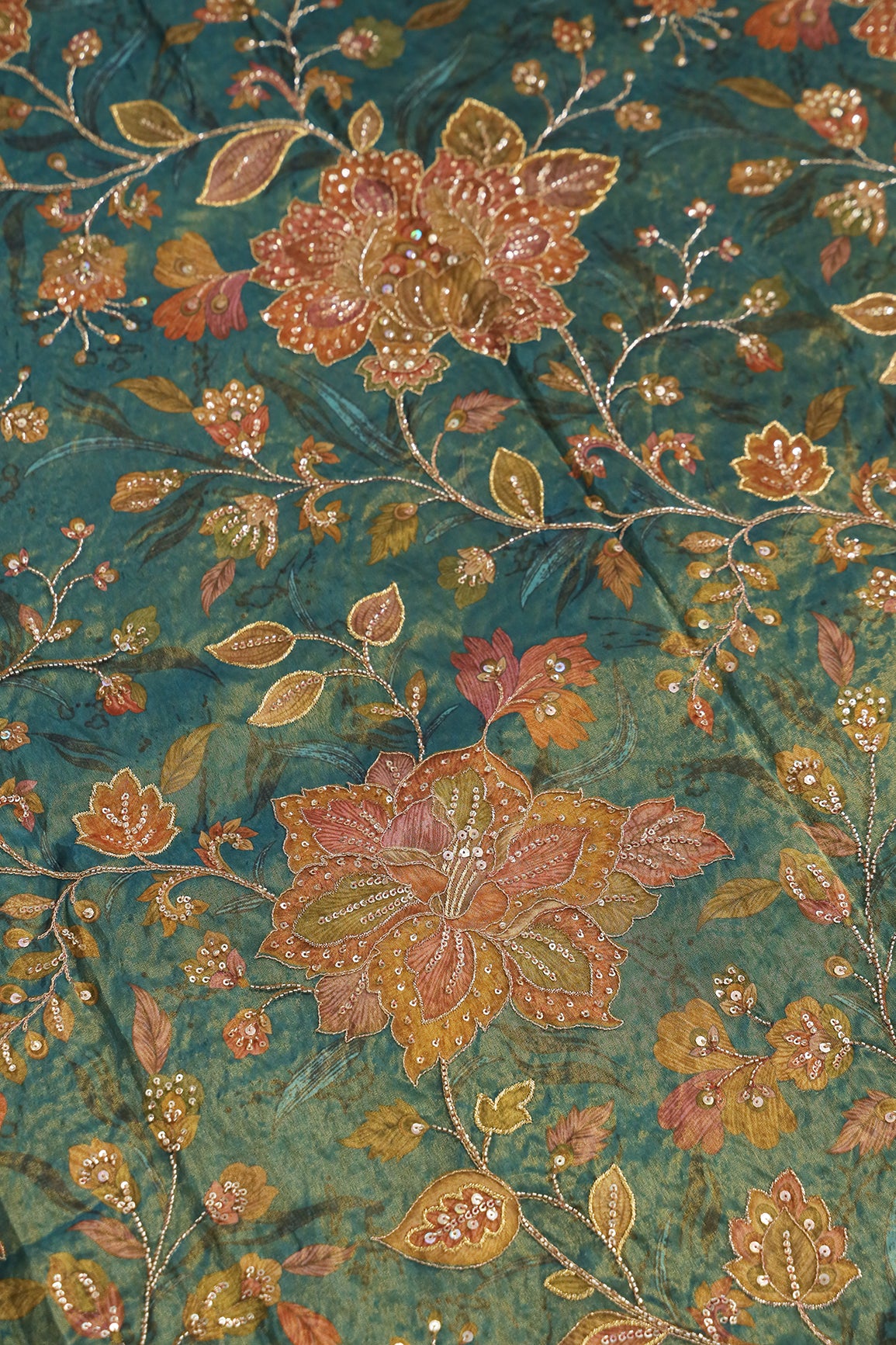 Big Width Floral Positional Print With Beads, Sequins and Zari Embroidery Work On Rama Viscose Zari Tissue Fabric