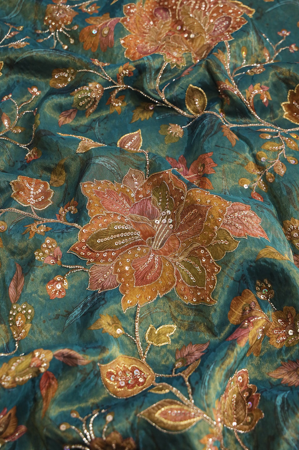 Big Width Floral Positional Print With Beads, Sequins and Zari Embroidery Work On Rama Viscose Zari Tissue Fabric