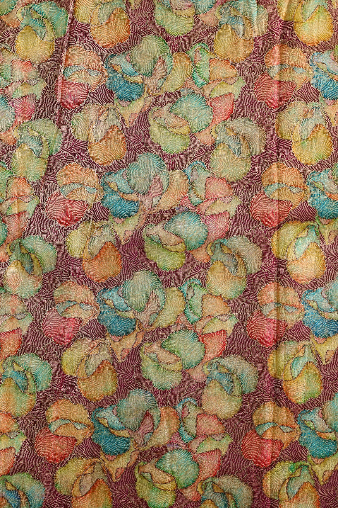 Positional Print On Wine Viscose Dola Silk Jacquard Fabric