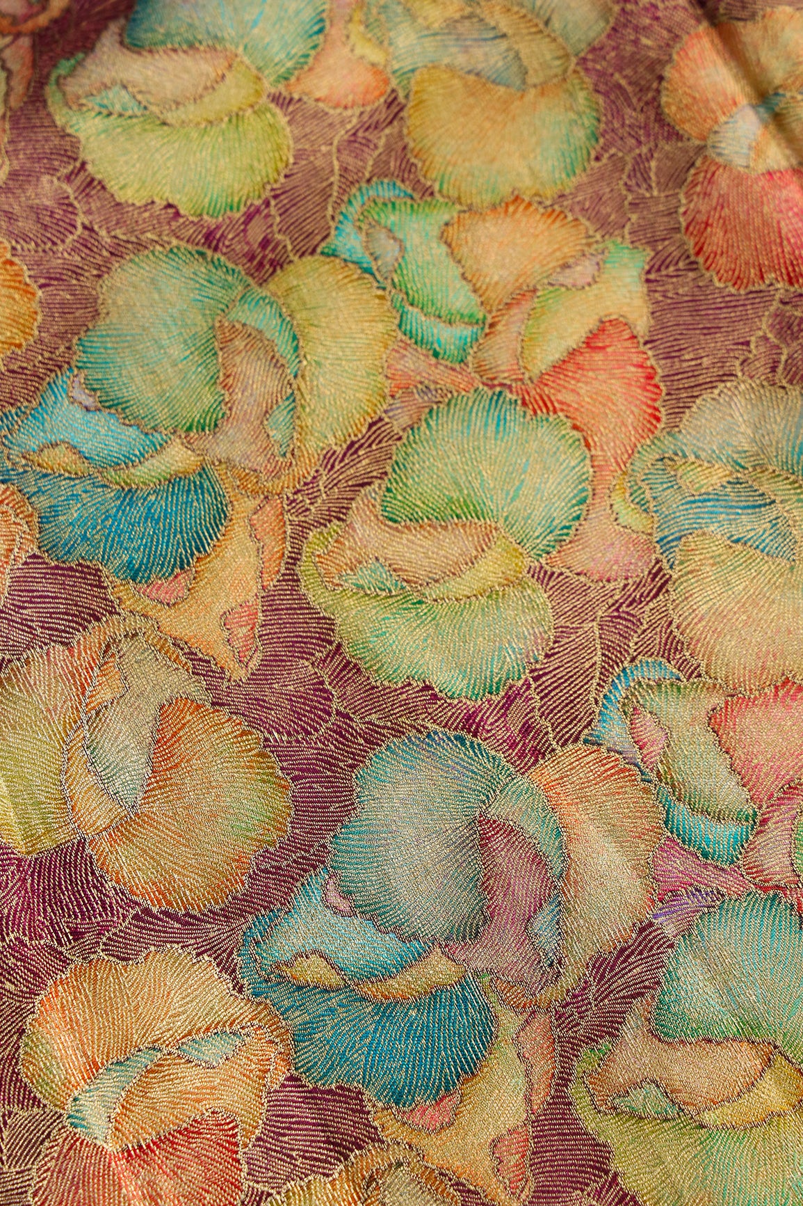 Positional Print On Wine Viscose Dola Silk Jacquard Fabric