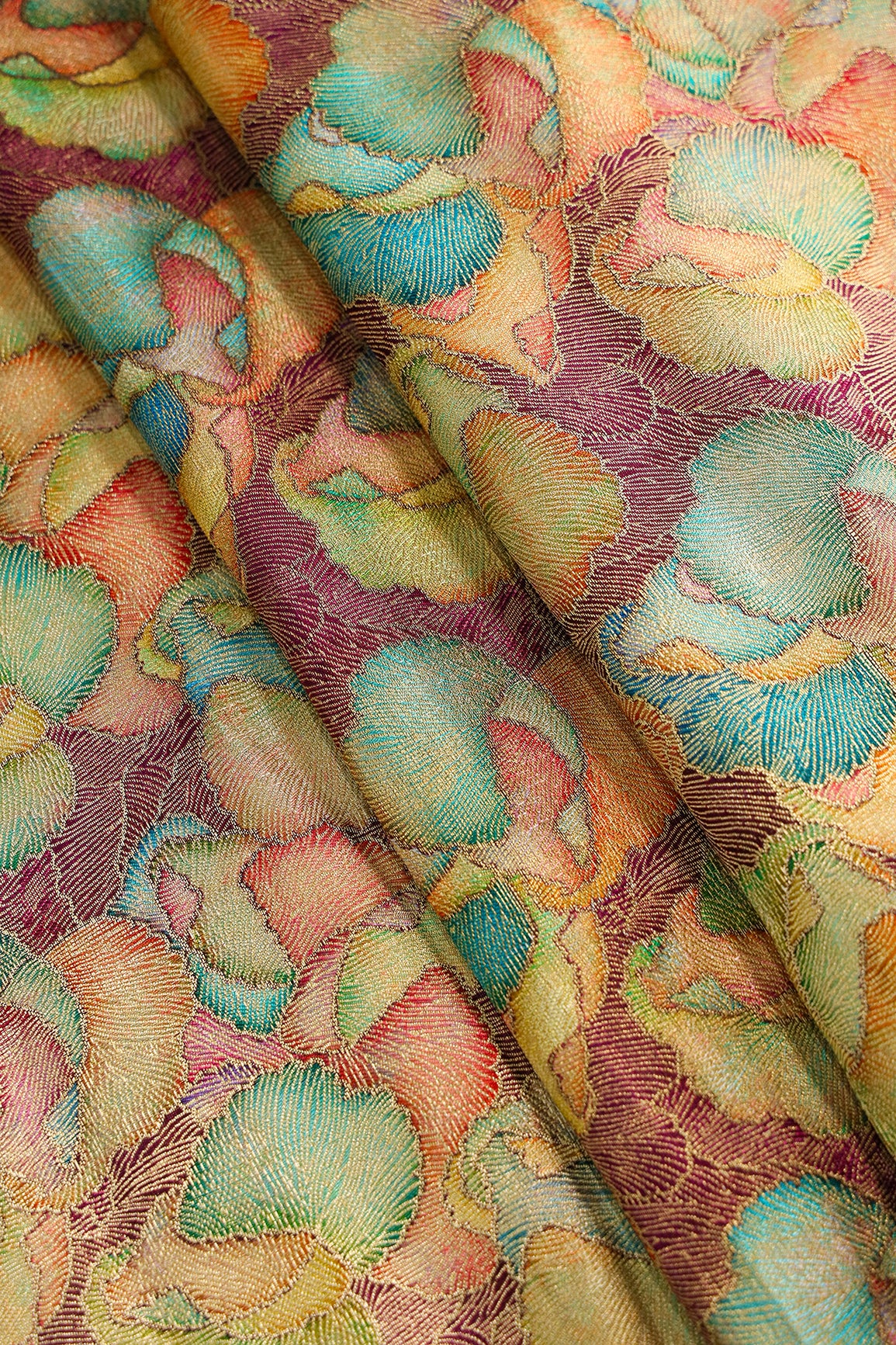 Positional Print On Wine Viscose Dola Silk Jacquard Fabric