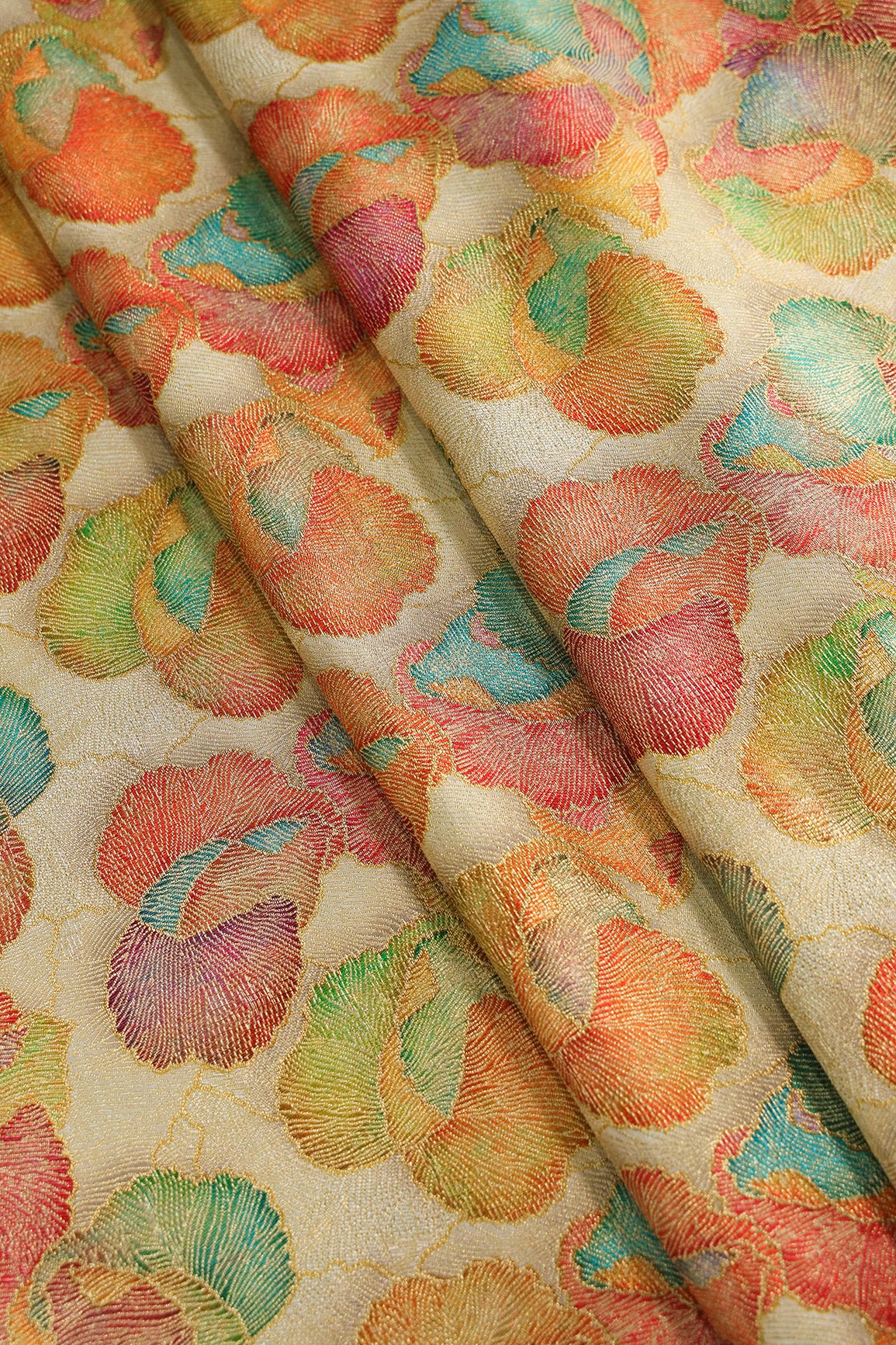 Positional Print On Beige Viscose Dola Silk Jacquard Fabric
