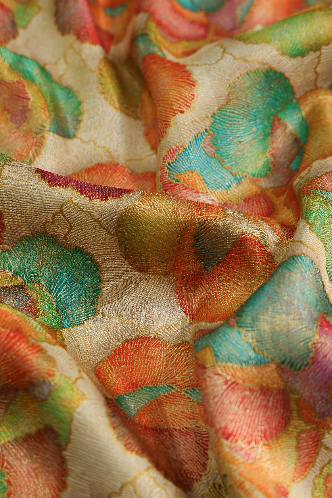 Positional Print On Beige Viscose Dola Silk Jacquard Fabric