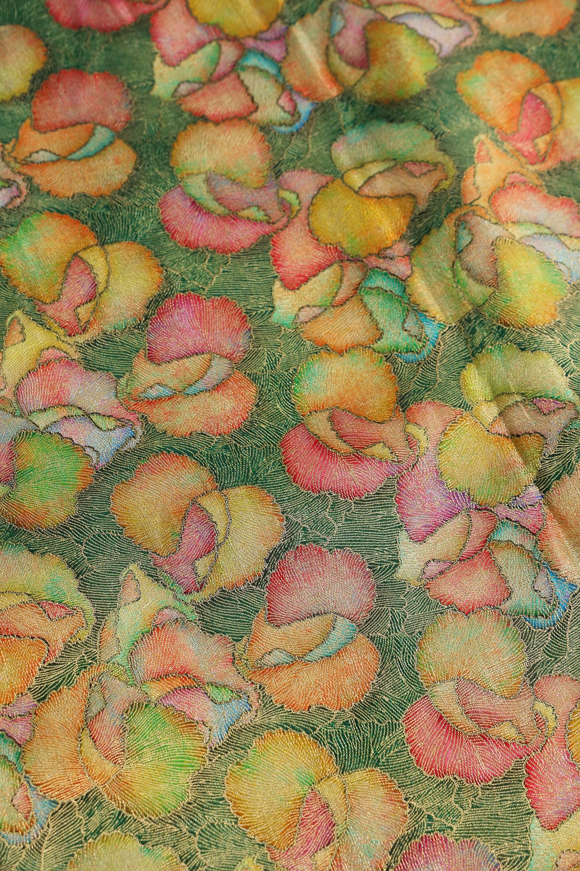 Positional Print On Bottle Green Viscose Dola Silk Jacquard Fabric