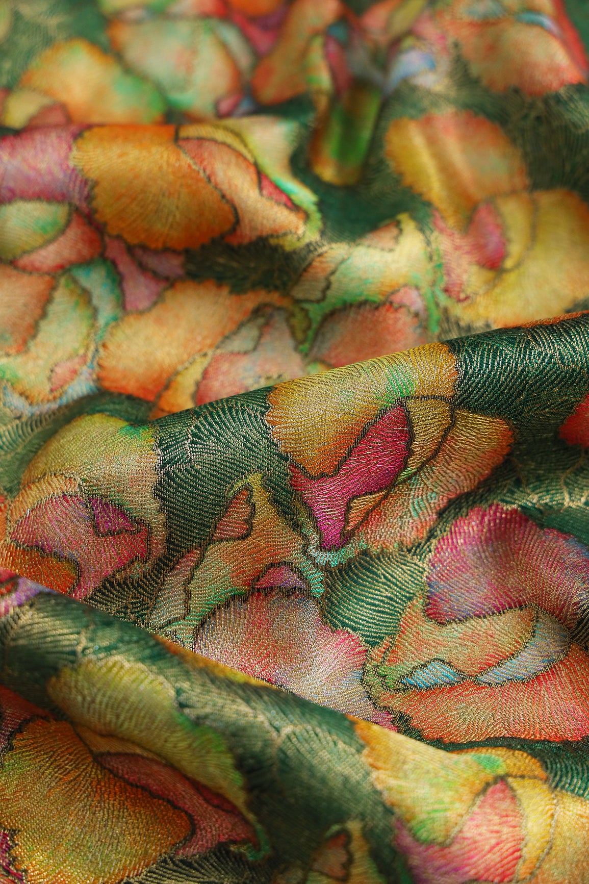 Positional Print On Bottle Green Viscose Dola Silk Jacquard Fabric